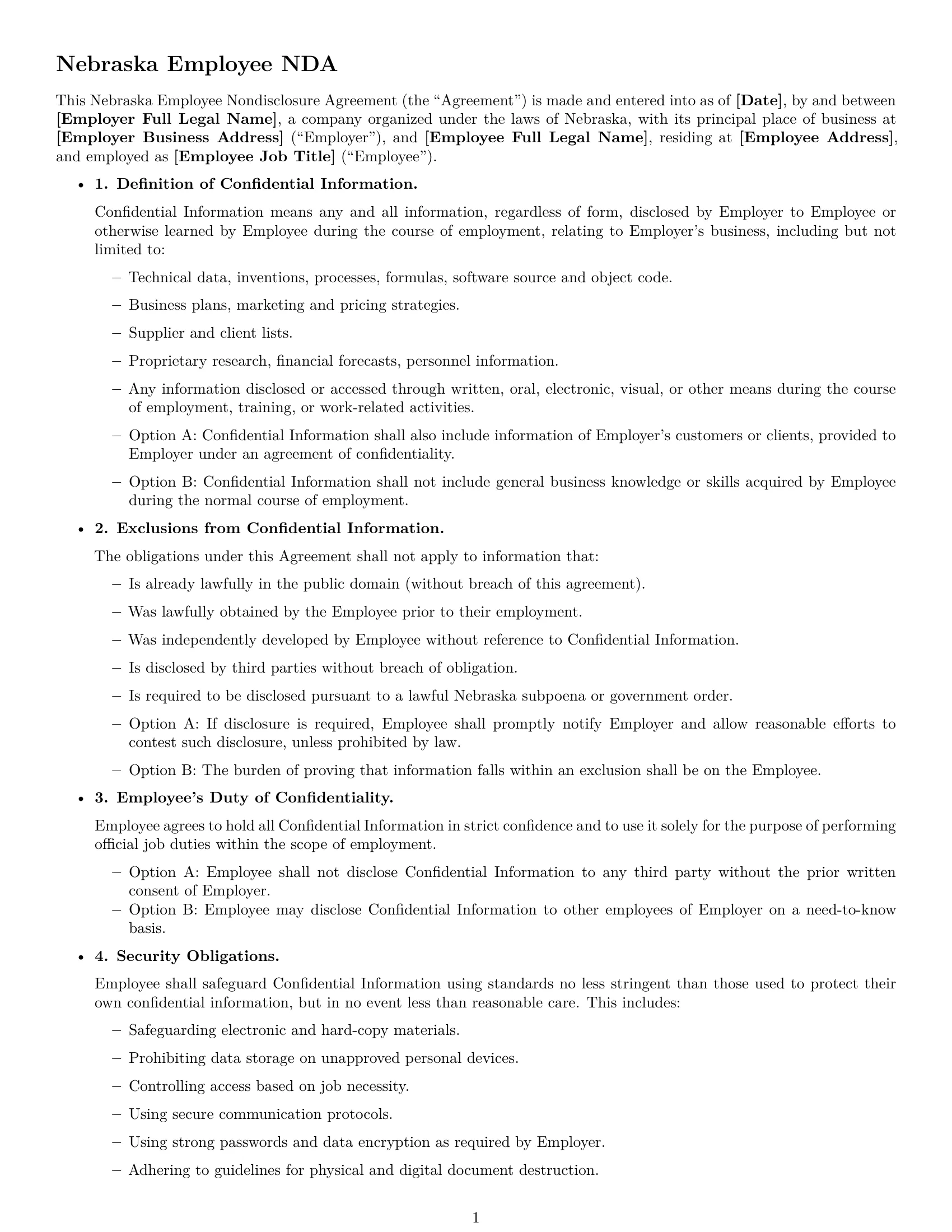Preview page 1 of Free Nebraska employee nda template