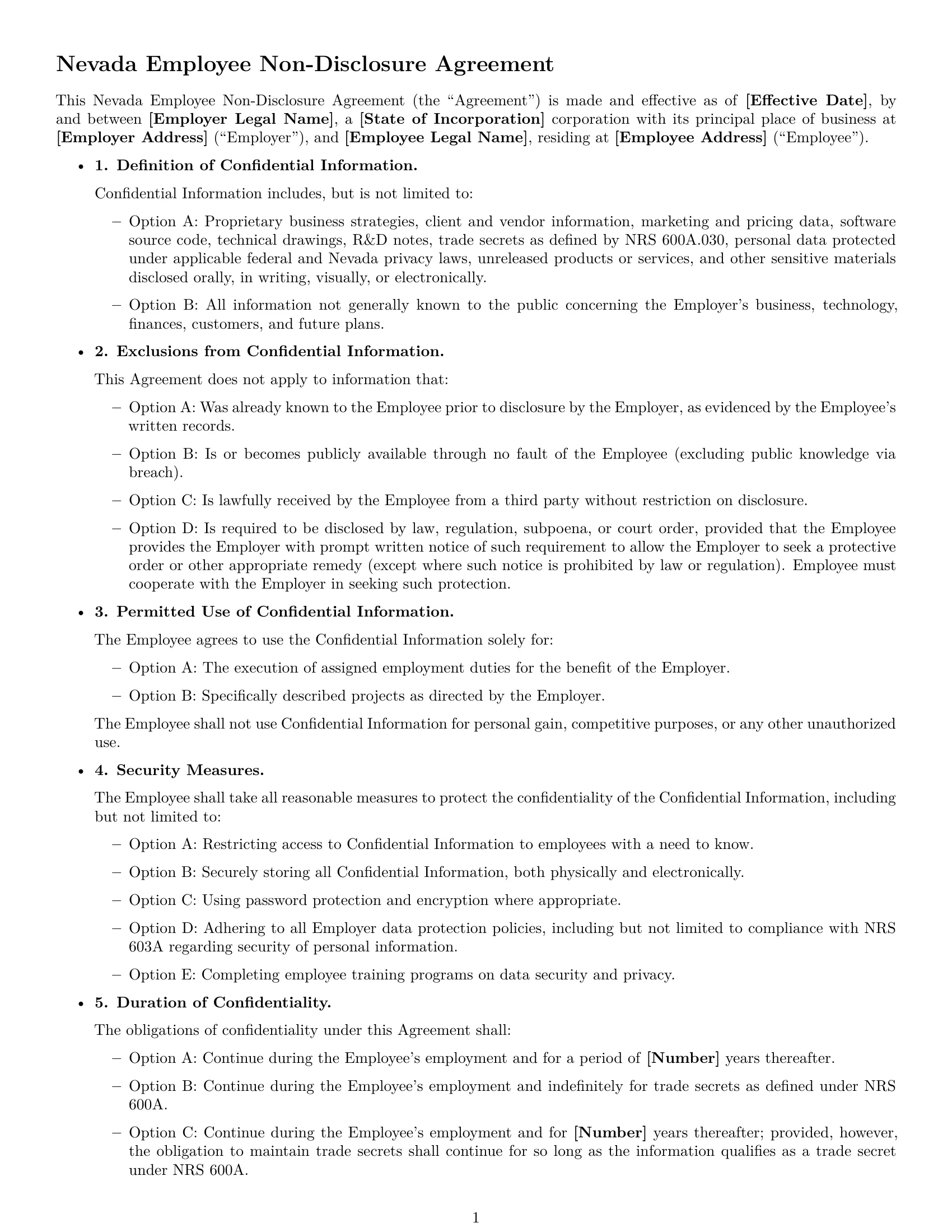 Preview page 1 of Free Nevada employee nda template