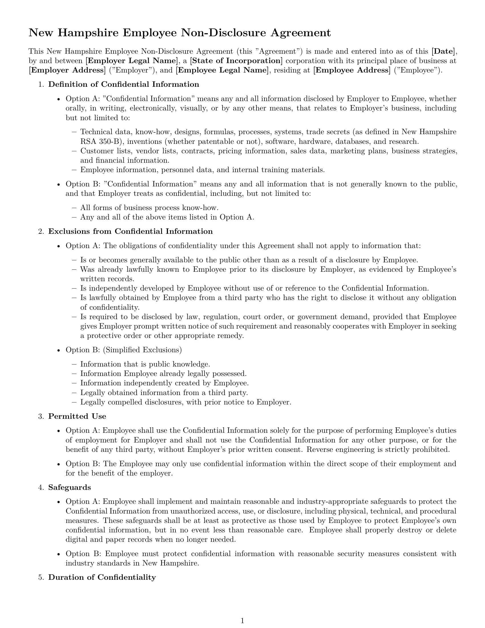 Preview page 1 of Free New Hampshire employee nda template