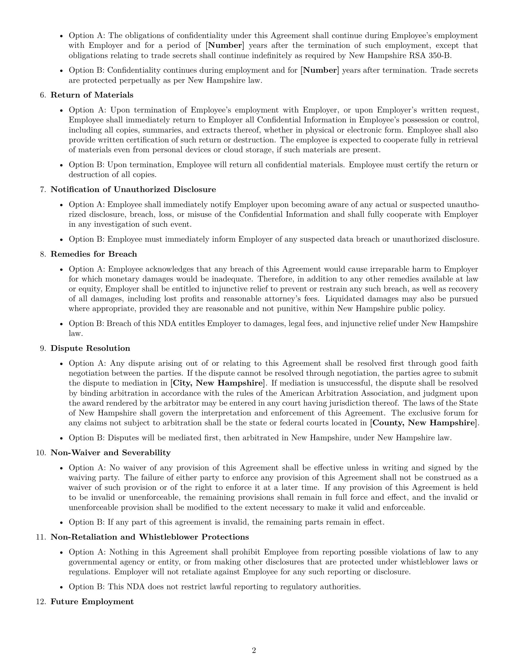 Preview page 2 of Free New Hampshire employee nda template