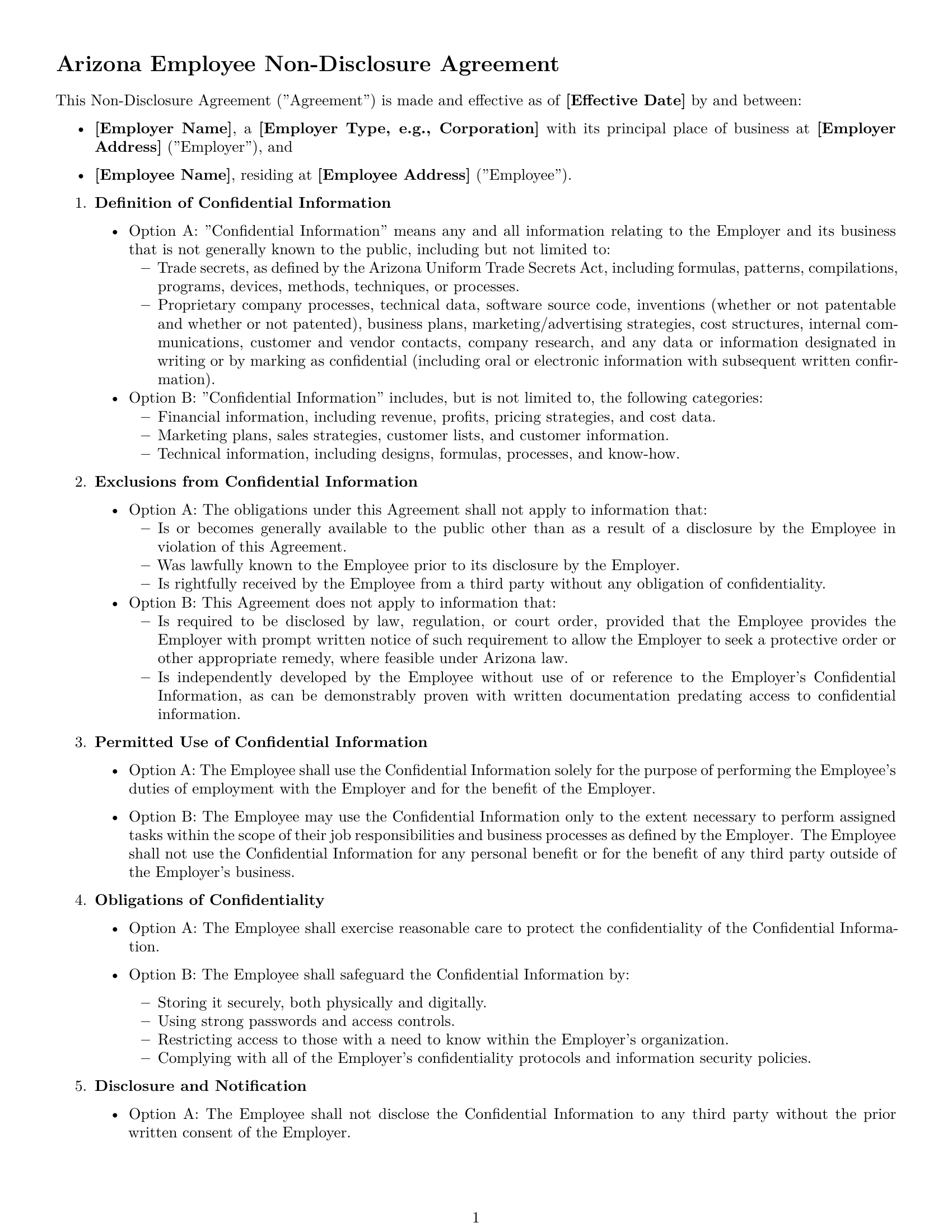 Preview page 1 of Free Arizona employee nda template