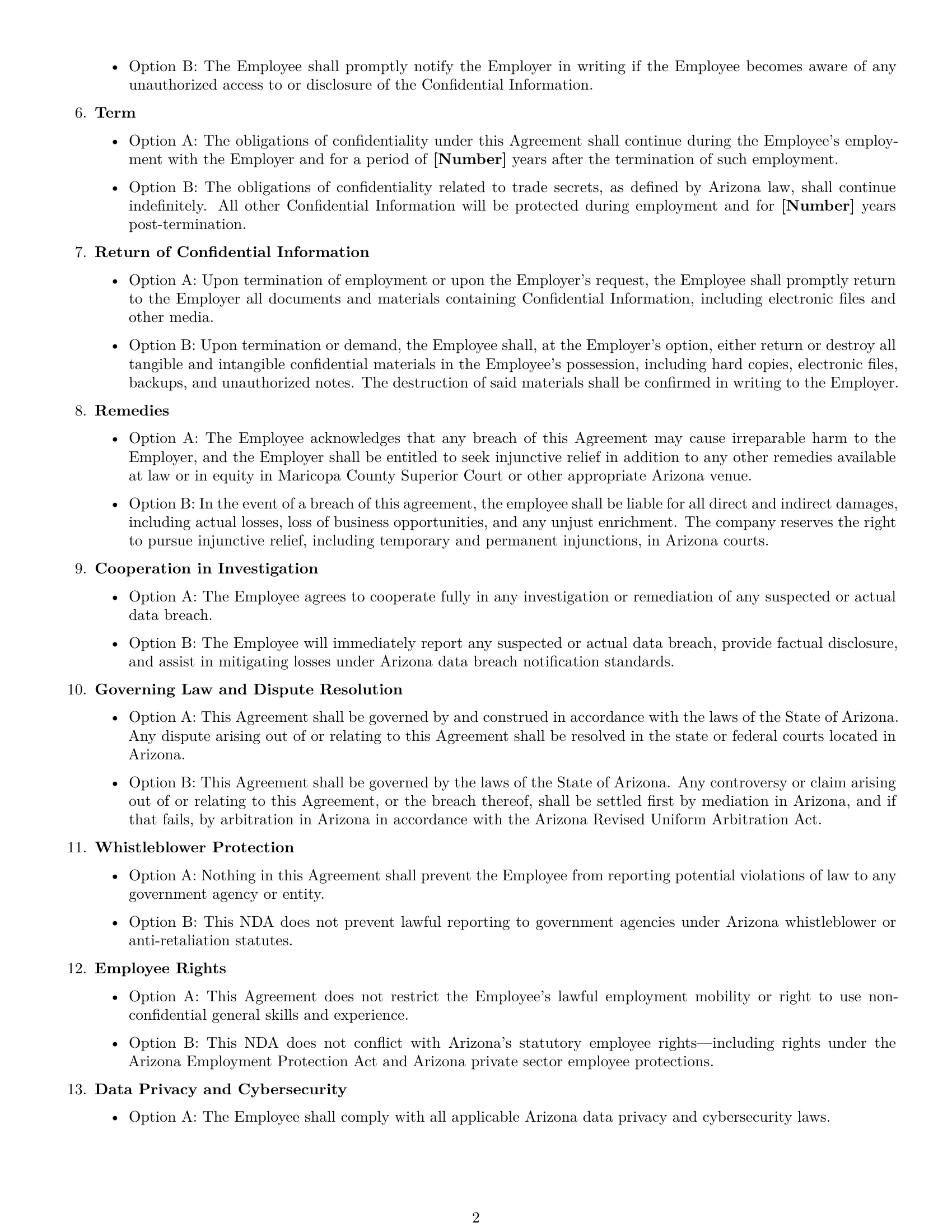 Preview page 2 of Free Arizona employee nda template