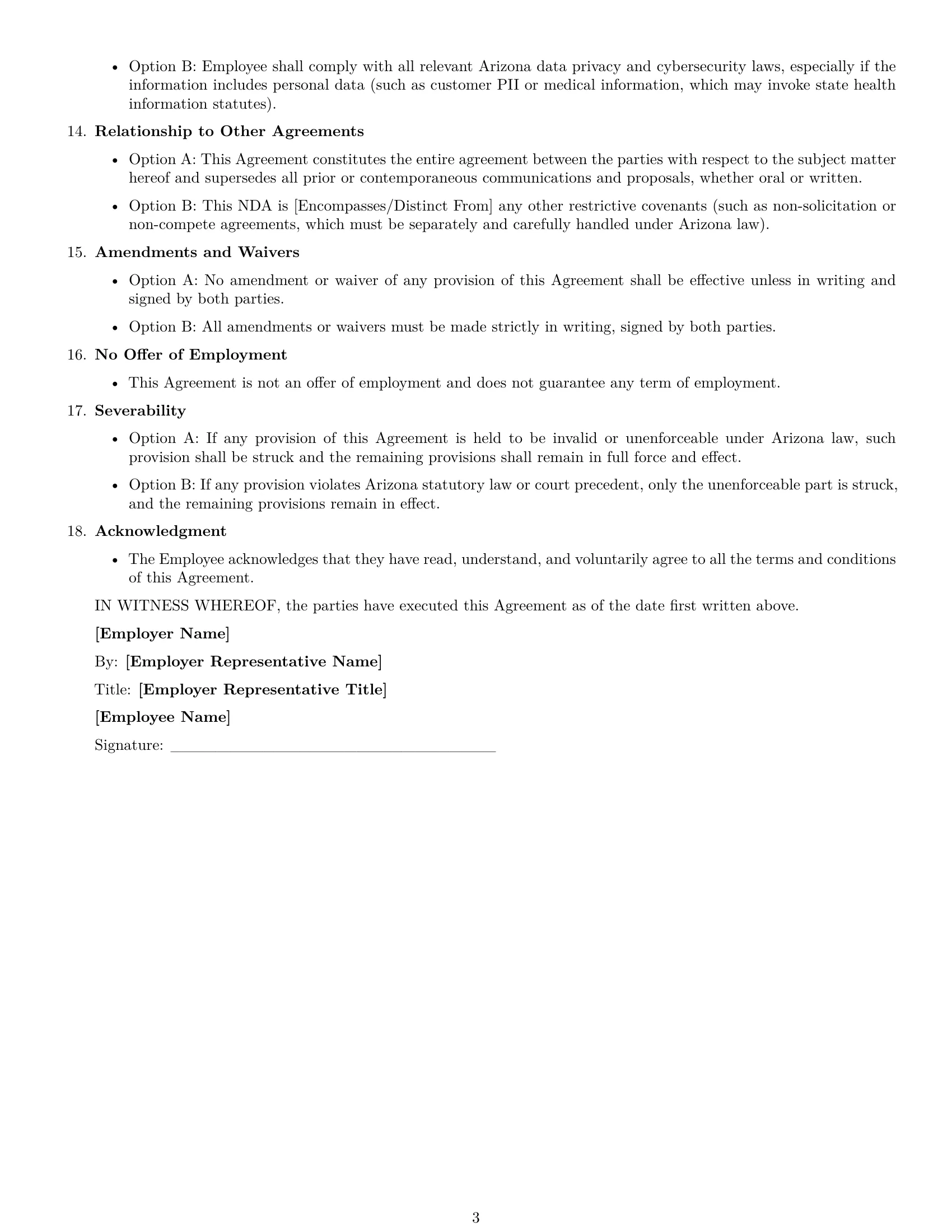 Preview page 3 of Free Arizona employee nda template