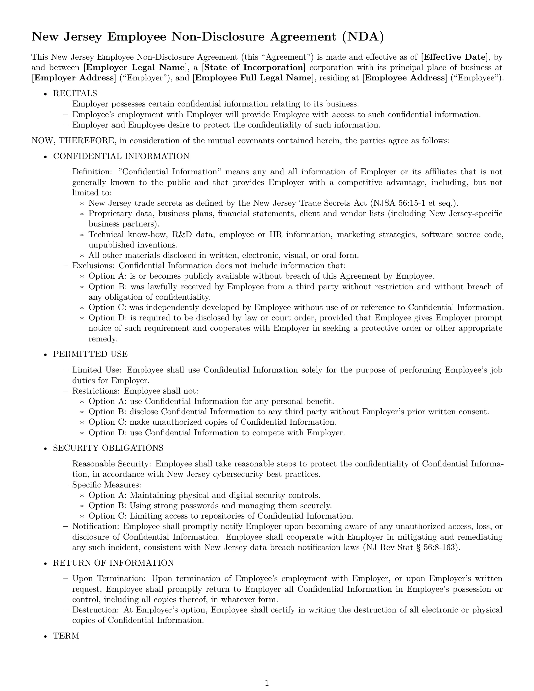 Preview page 1 of Free New Jersey employee nda template