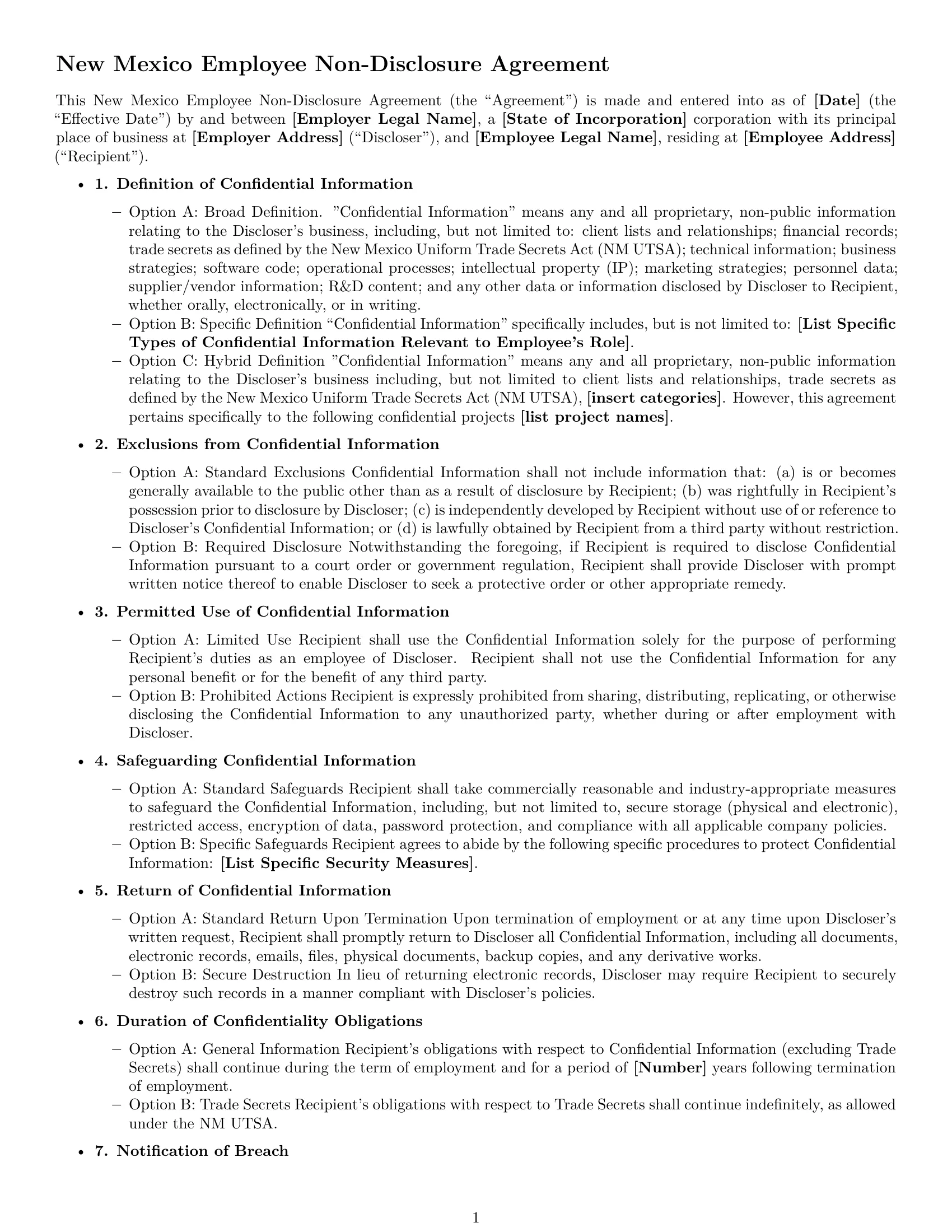 Preview page 1 of Free New Mexico employee nda template