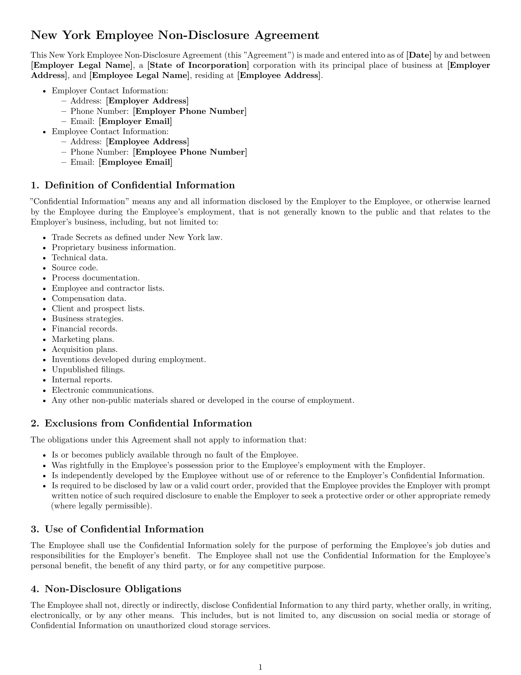 Preview page 1 of Free New York employee nda template