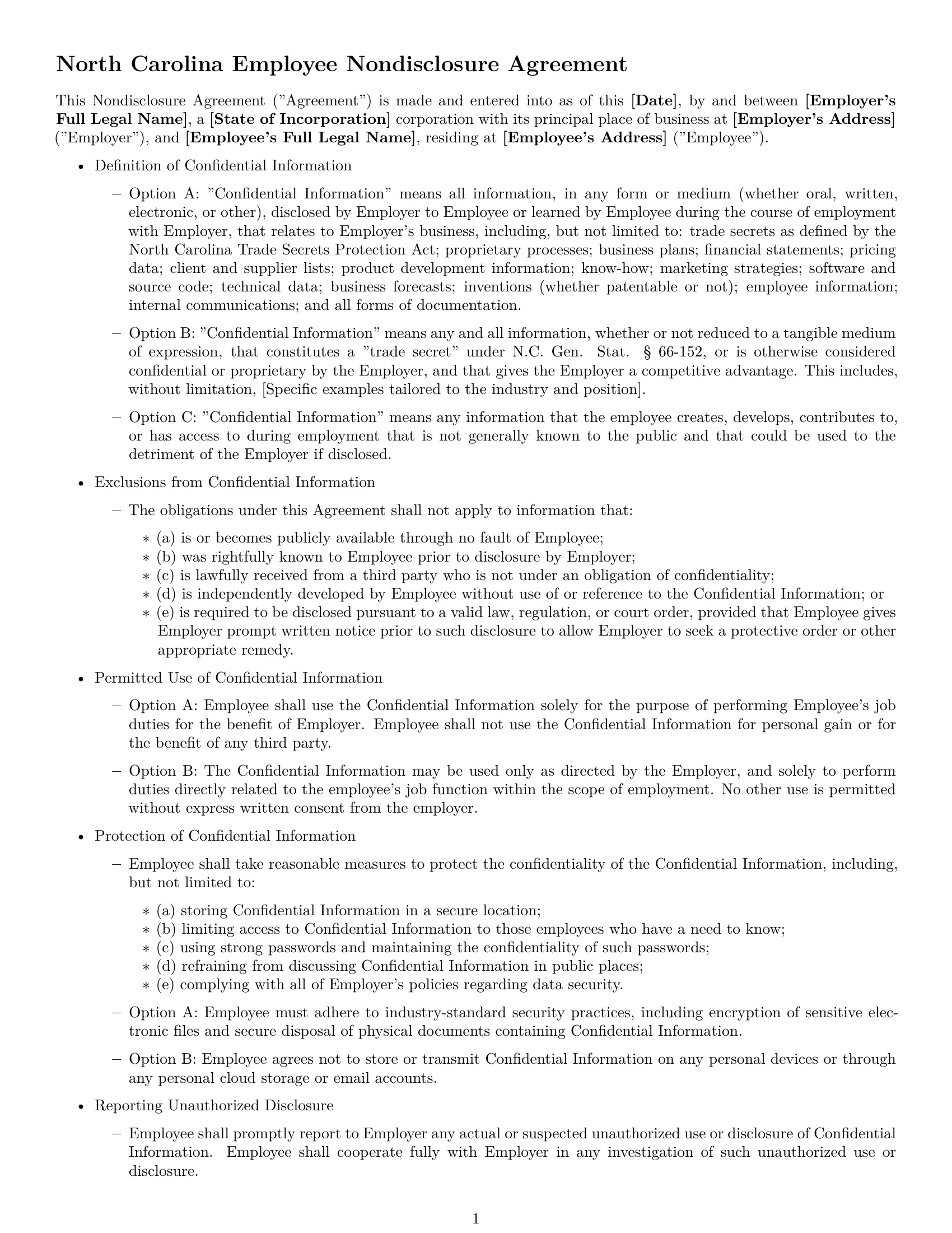 Preview page 1 of Free North Carolina employee nda template