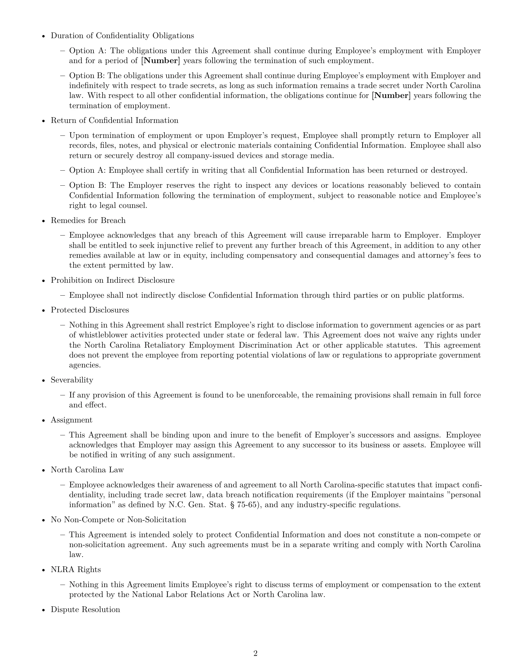Preview page 2 of Free North Carolina employee nda template