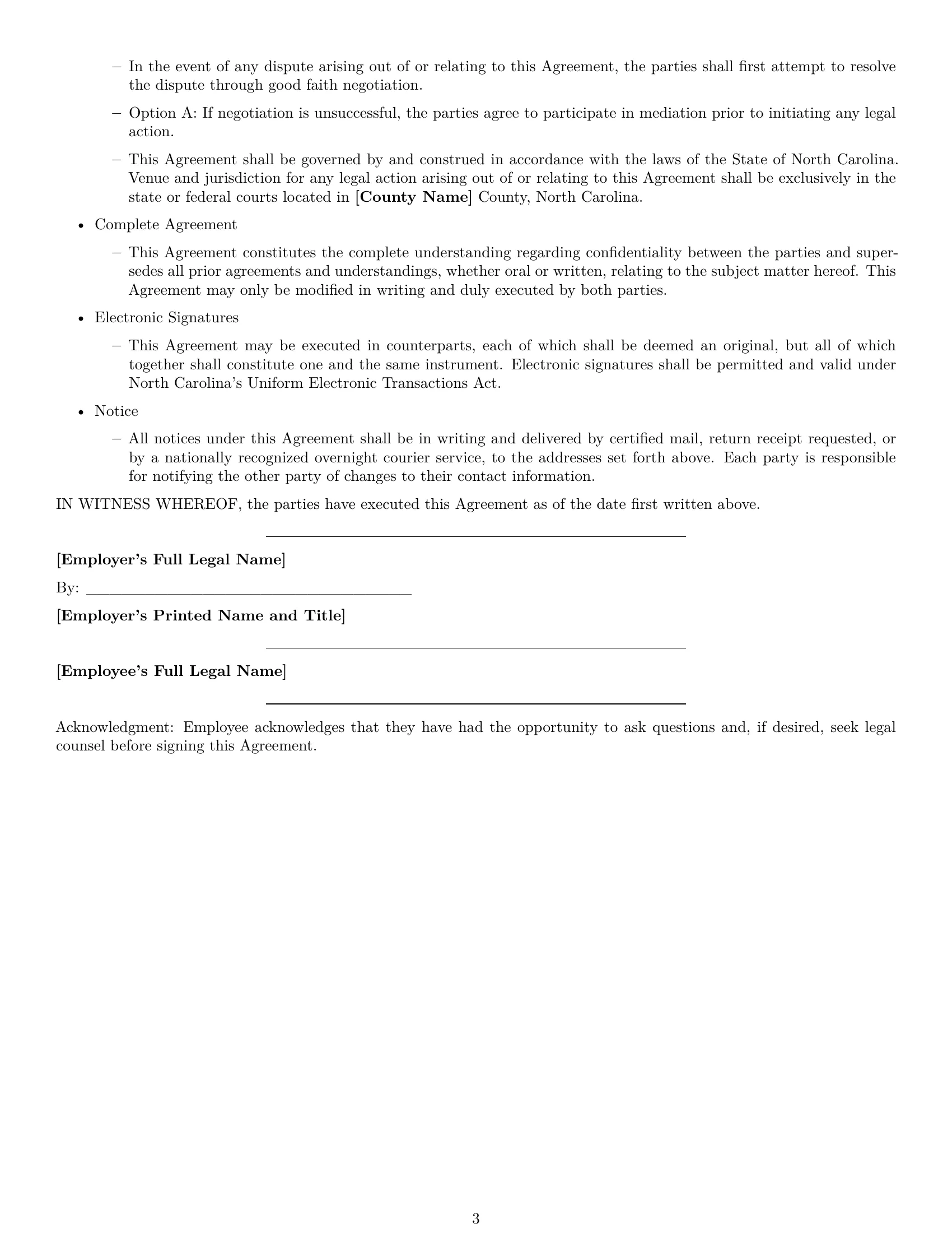 Preview page 3 of Free North Carolina employee nda template