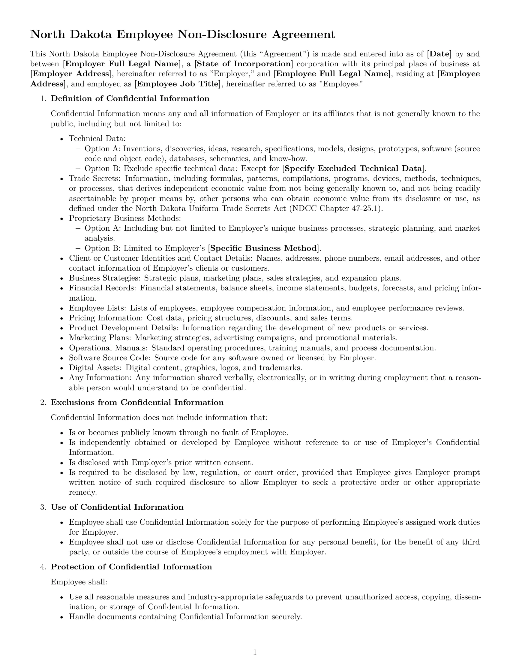 Preview page 1 of Free North Dakota employee nda template