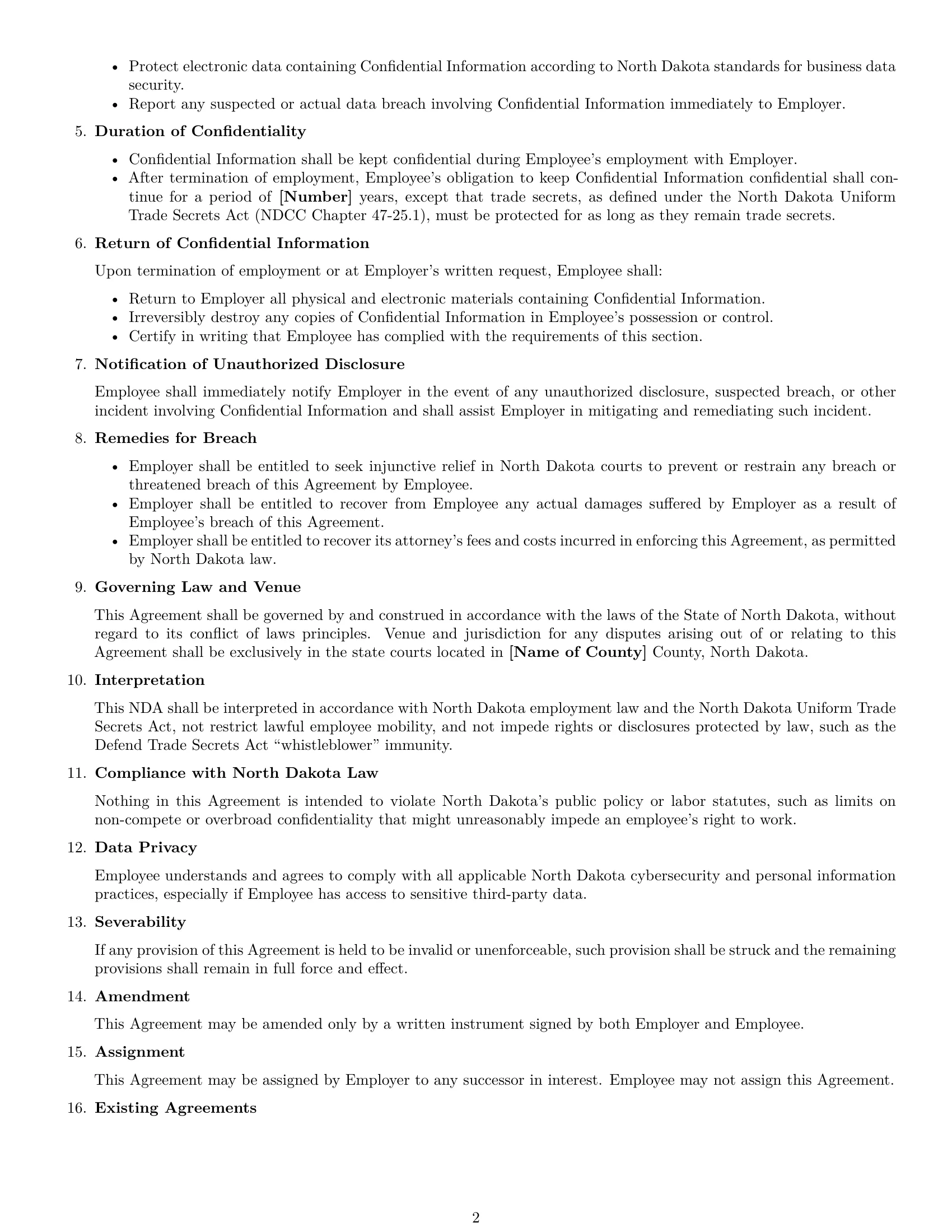 Preview page 2 of Free North Dakota employee nda template