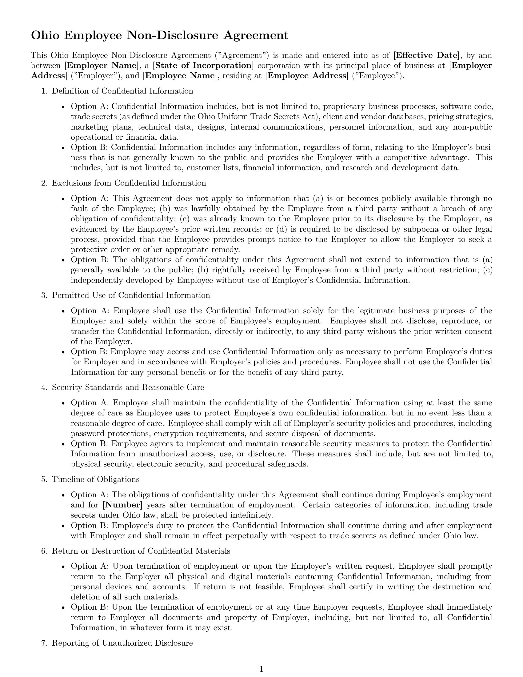 Preview page 1 of Free Ohio employee nda template