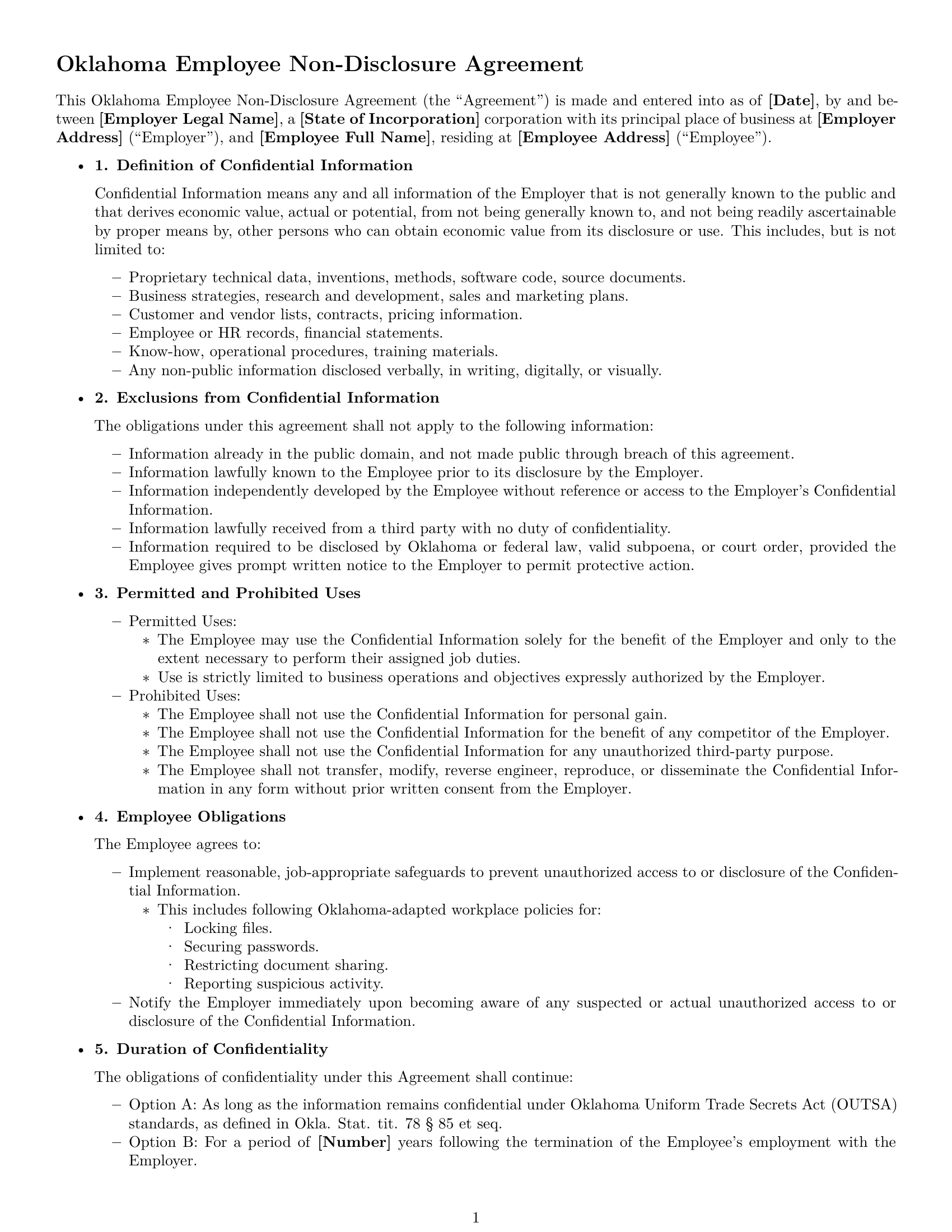 Preview page 1 of Free Oklahoma employee nda template