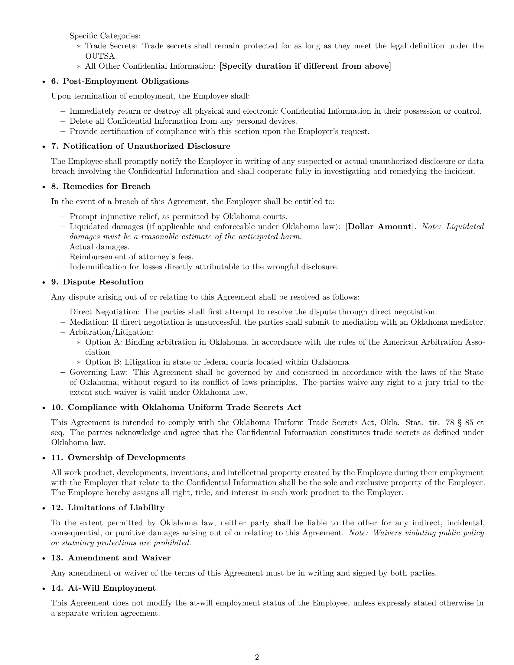 Preview page 2 of Free Oklahoma employee nda template