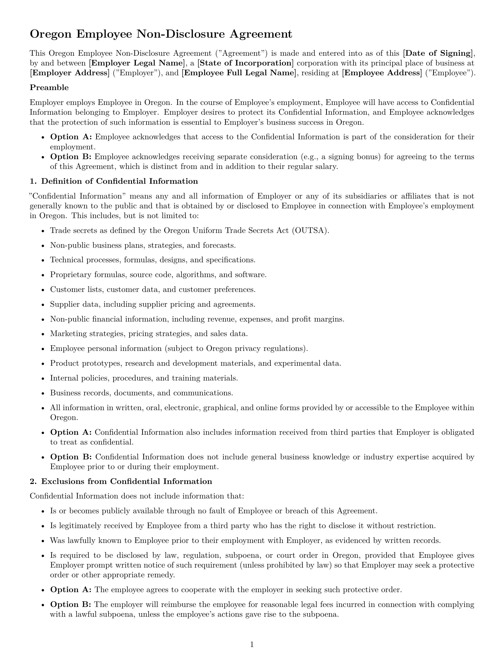 Preview page 1 of Free Oregon employee nda template