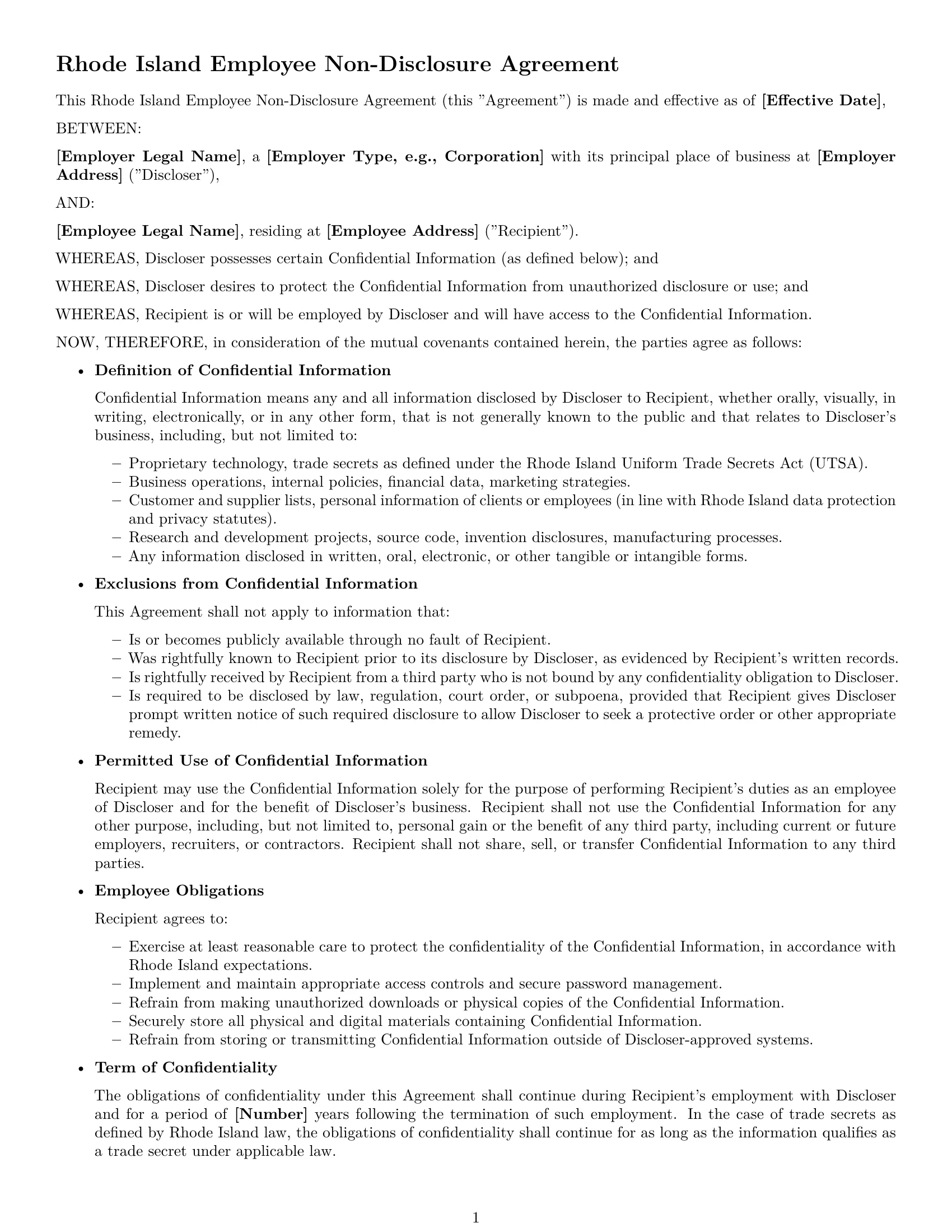 Preview page 1 of Free Rhode Island employee nda template