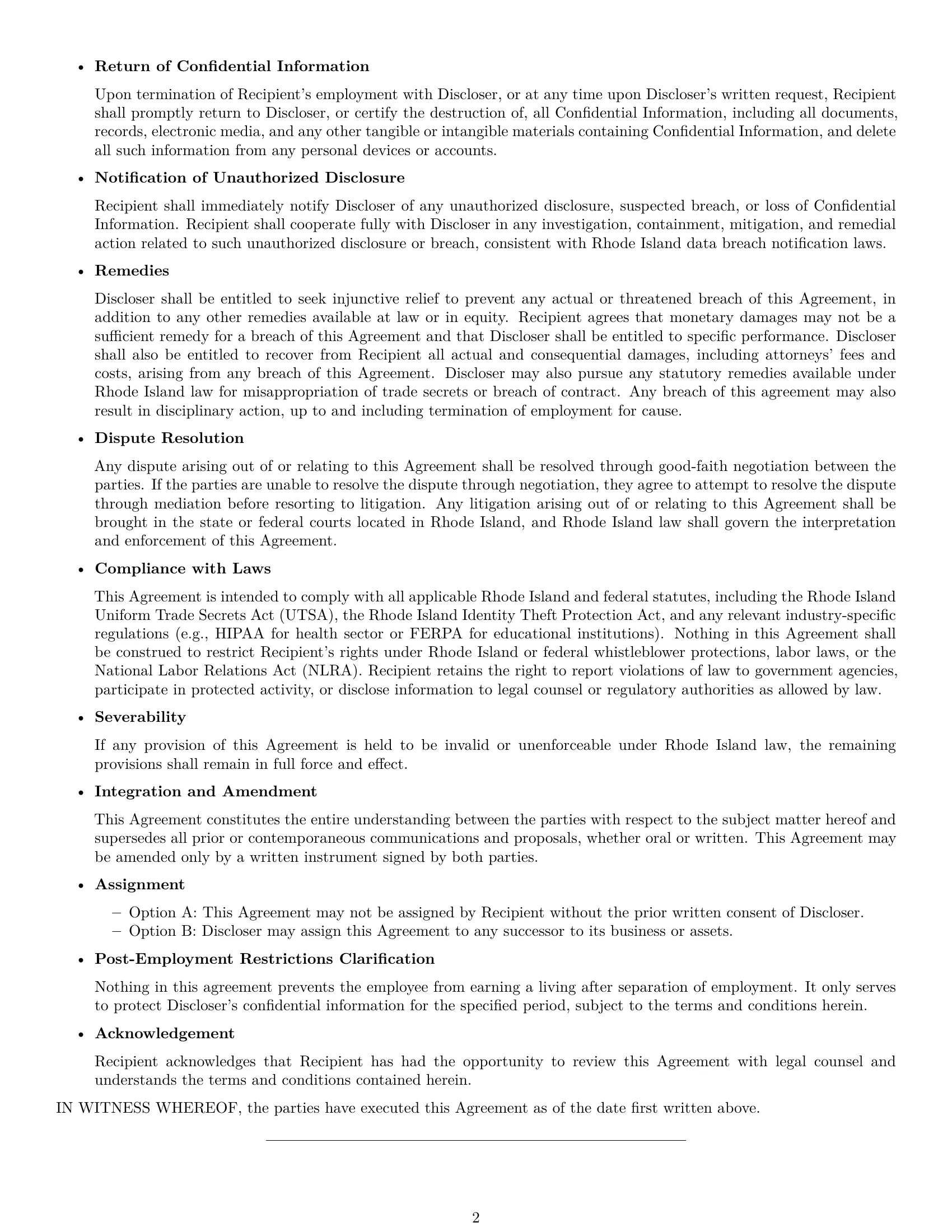 Preview page 2 of Free Rhode Island employee nda template