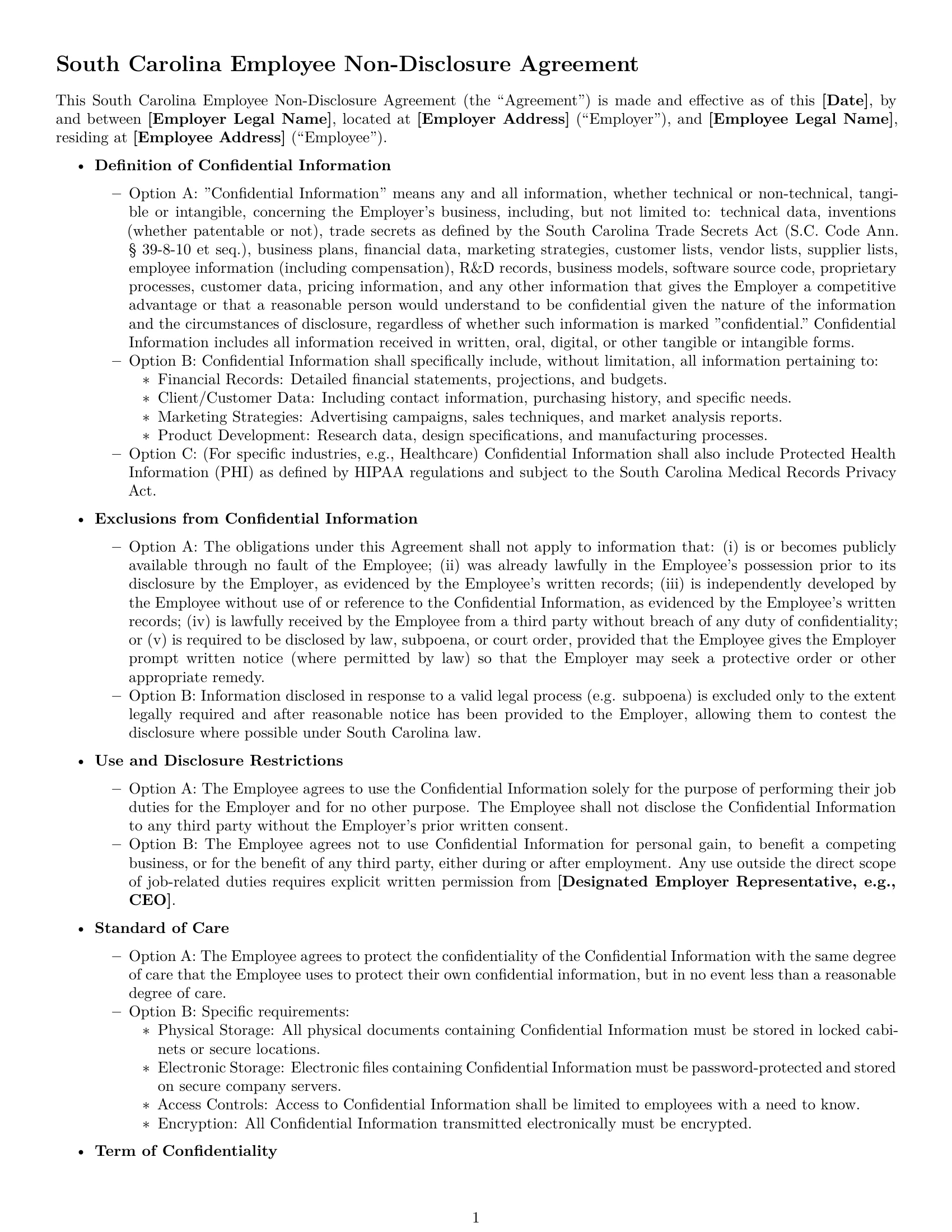 Preview page 1 of Free South Carolina employee nda template