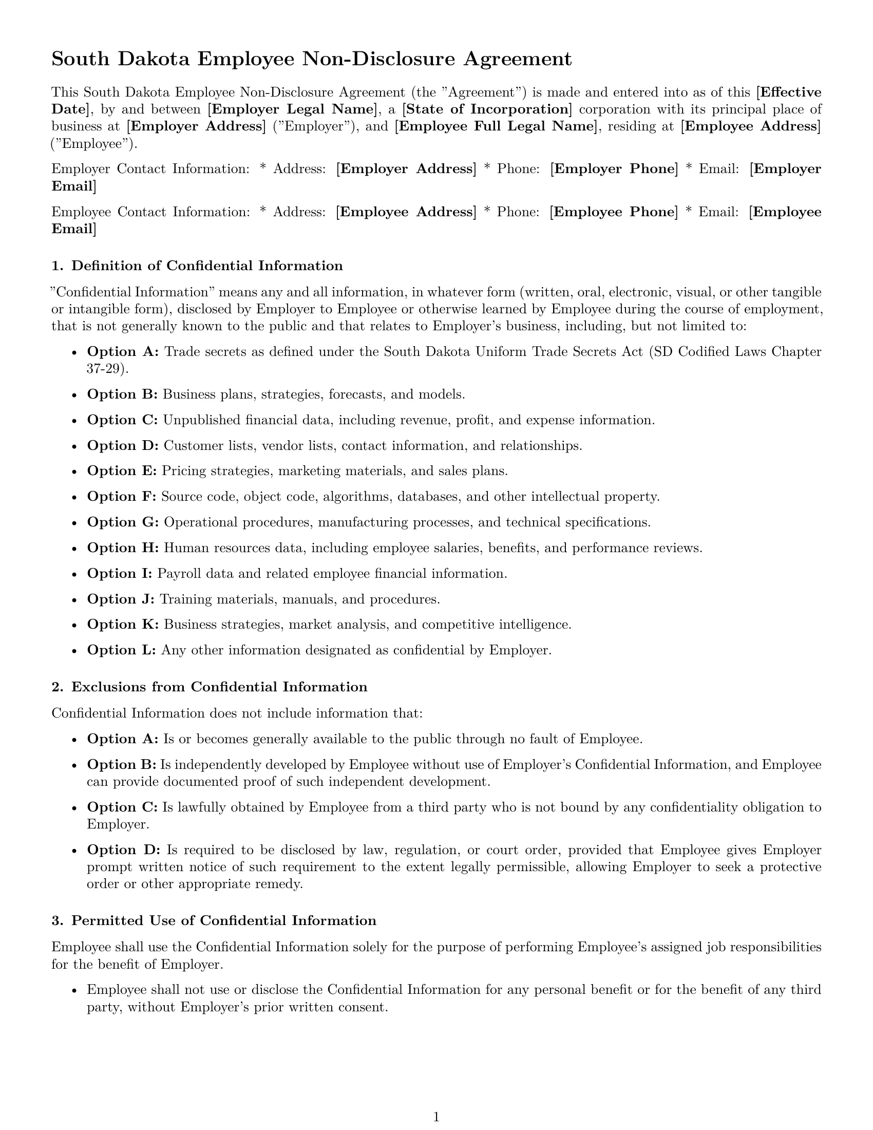 Preview page 1 of Free South Dakota employee nda template