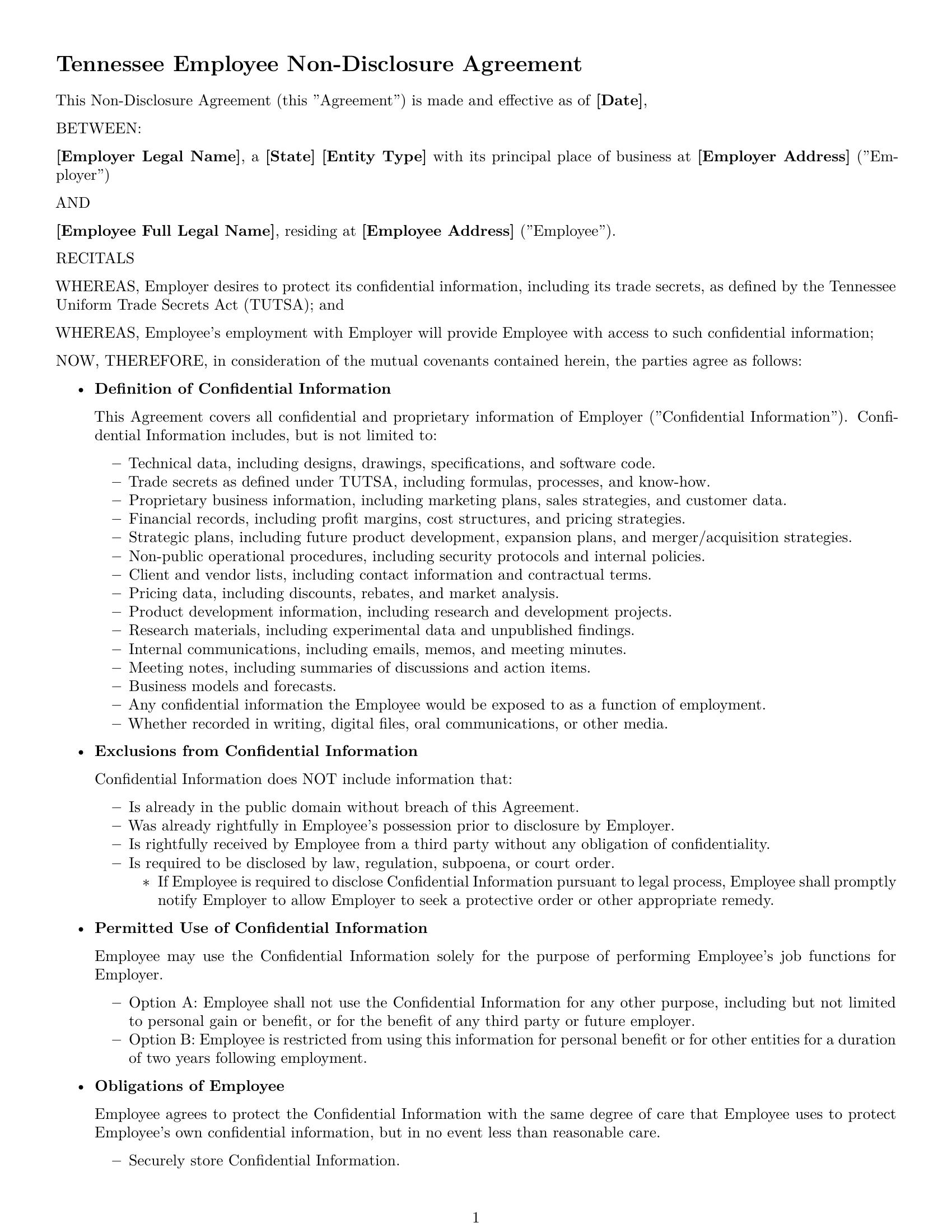 Preview page 1 of Free Tennessee employee nda template