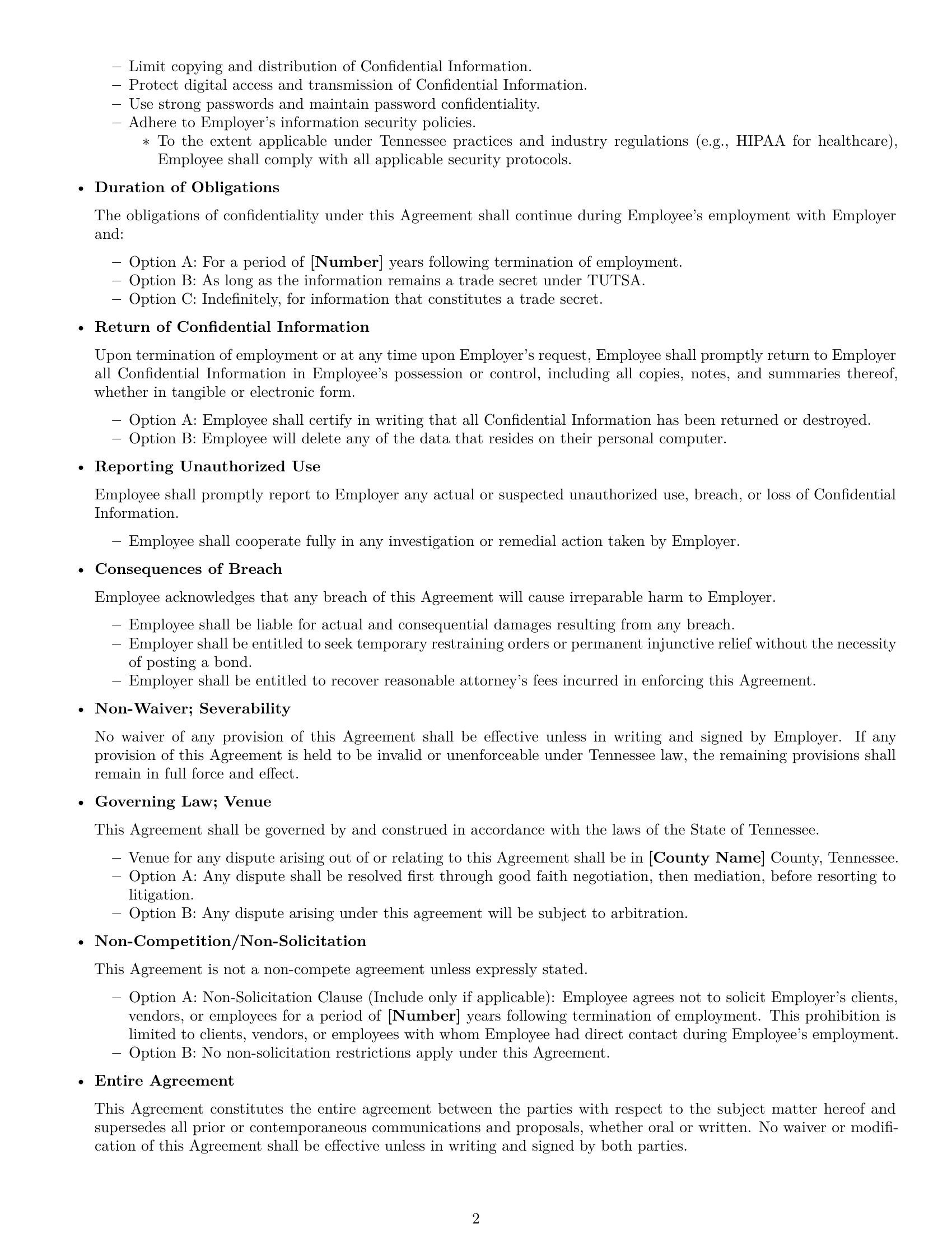Preview page 2 of Free Tennessee employee nda template