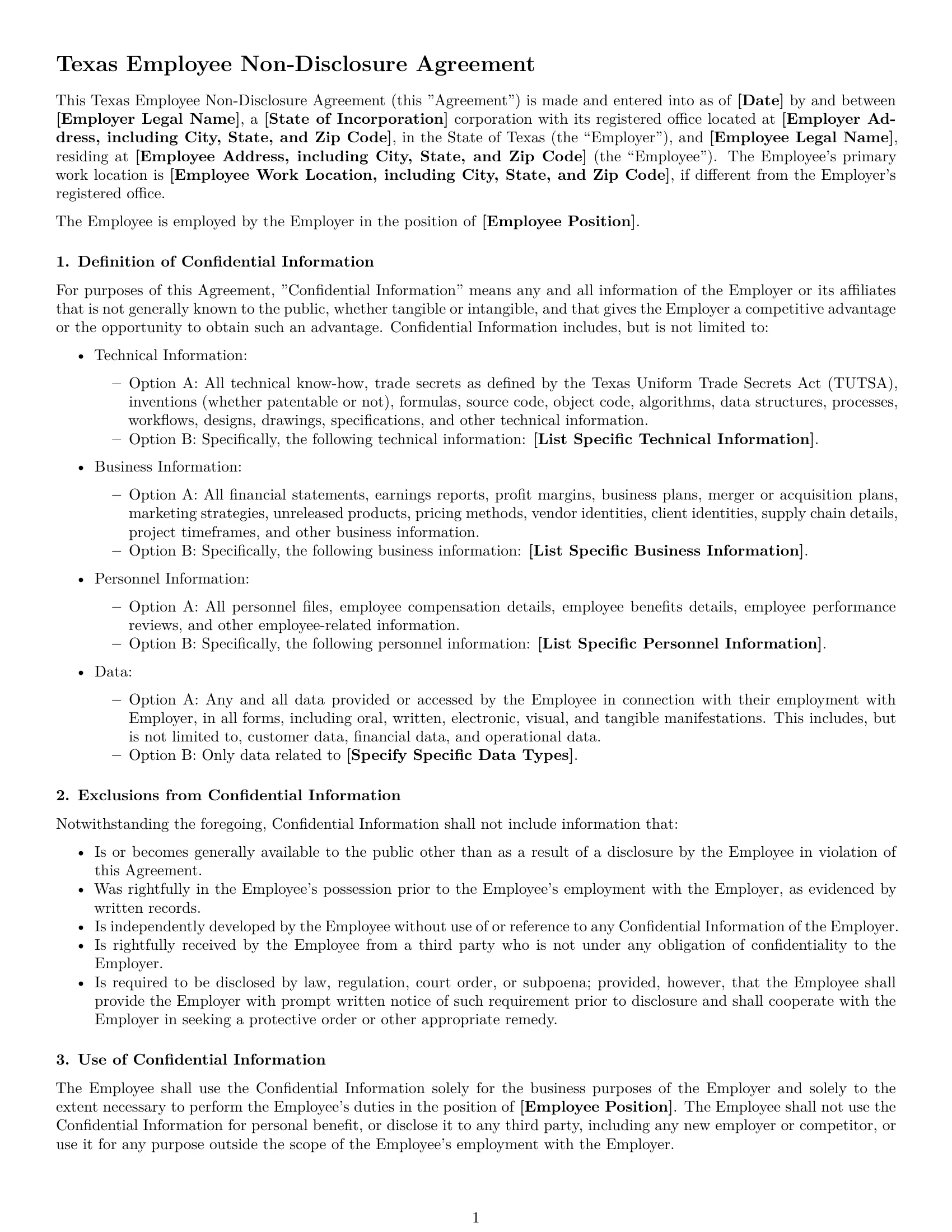 Preview page 1 of Free Texas employee nda template