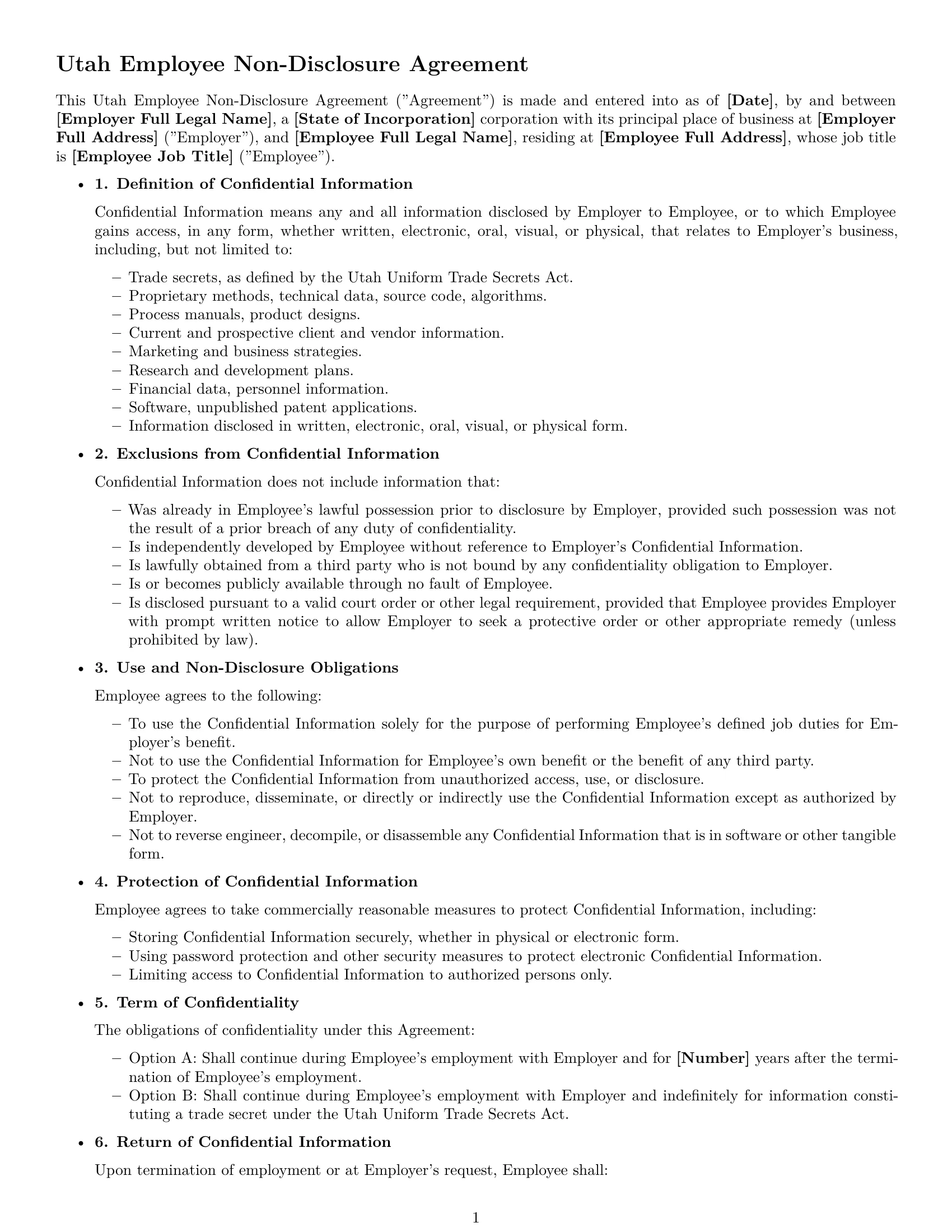 Preview page 1 of Free Utah employee nda template