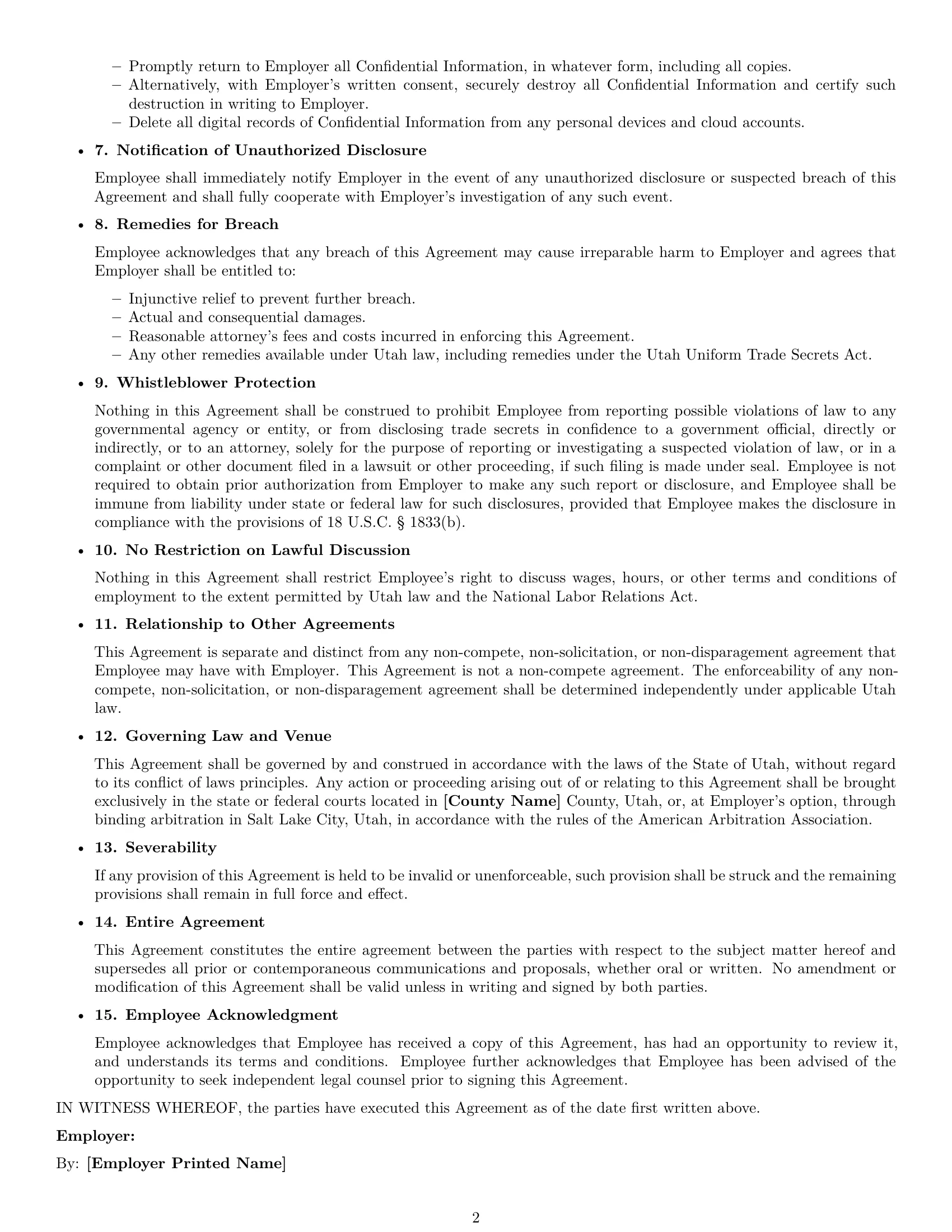 Preview page 2 of Free Utah employee nda template