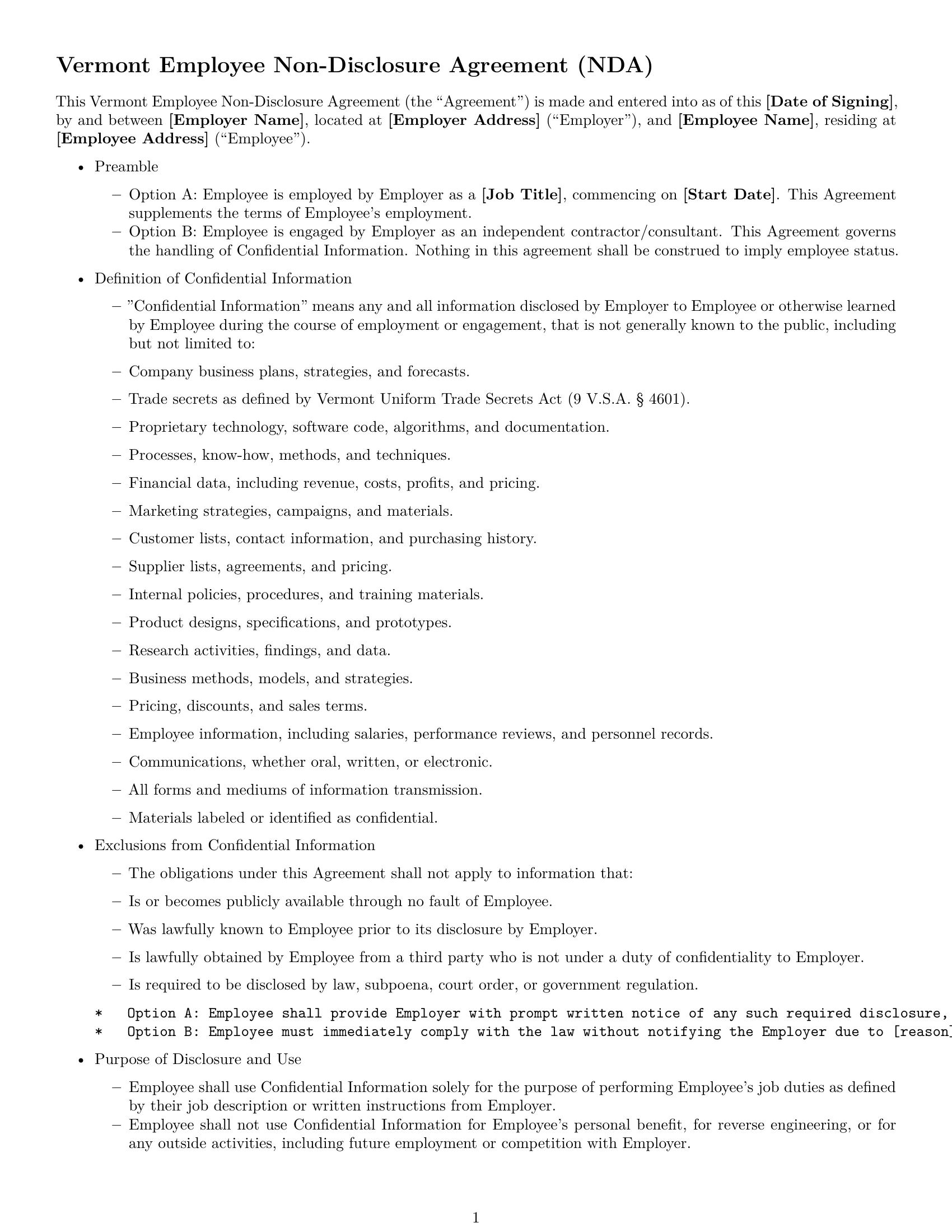 Preview page 1 of Free Vermont employee nda template