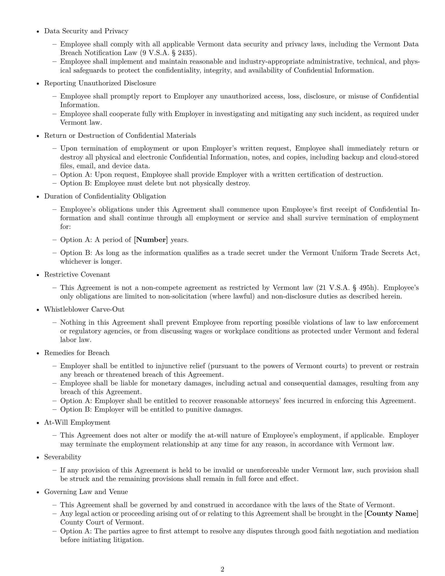 Preview page 2 of Free Vermont employee nda template