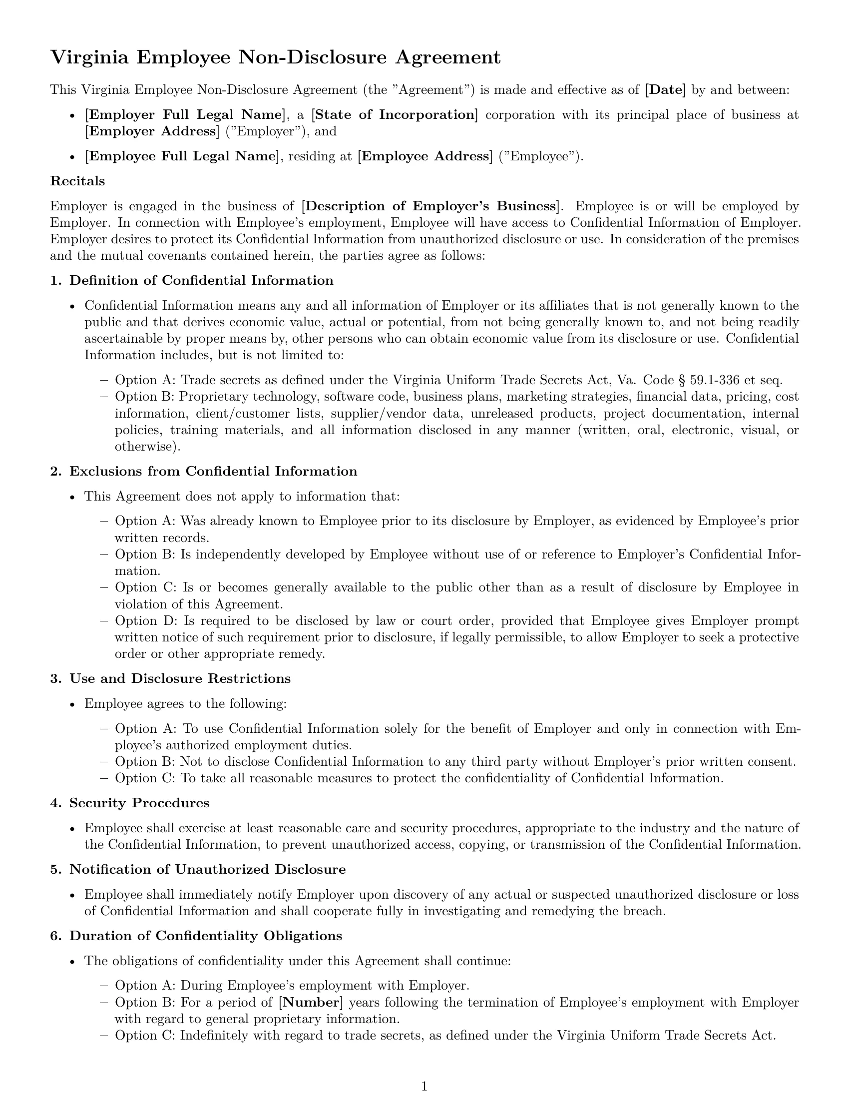 Preview page 1 of Free Virginia employee nda template