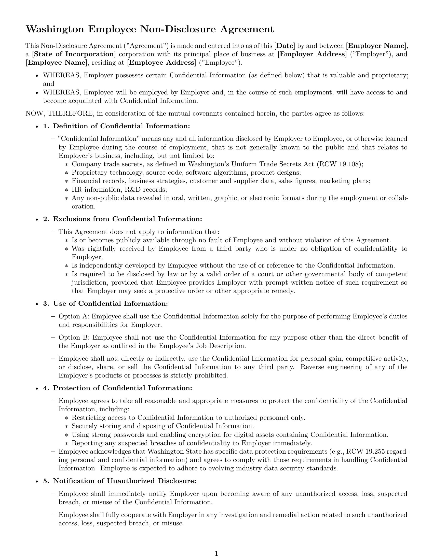 Preview page 1 of Free Washington employee nda template