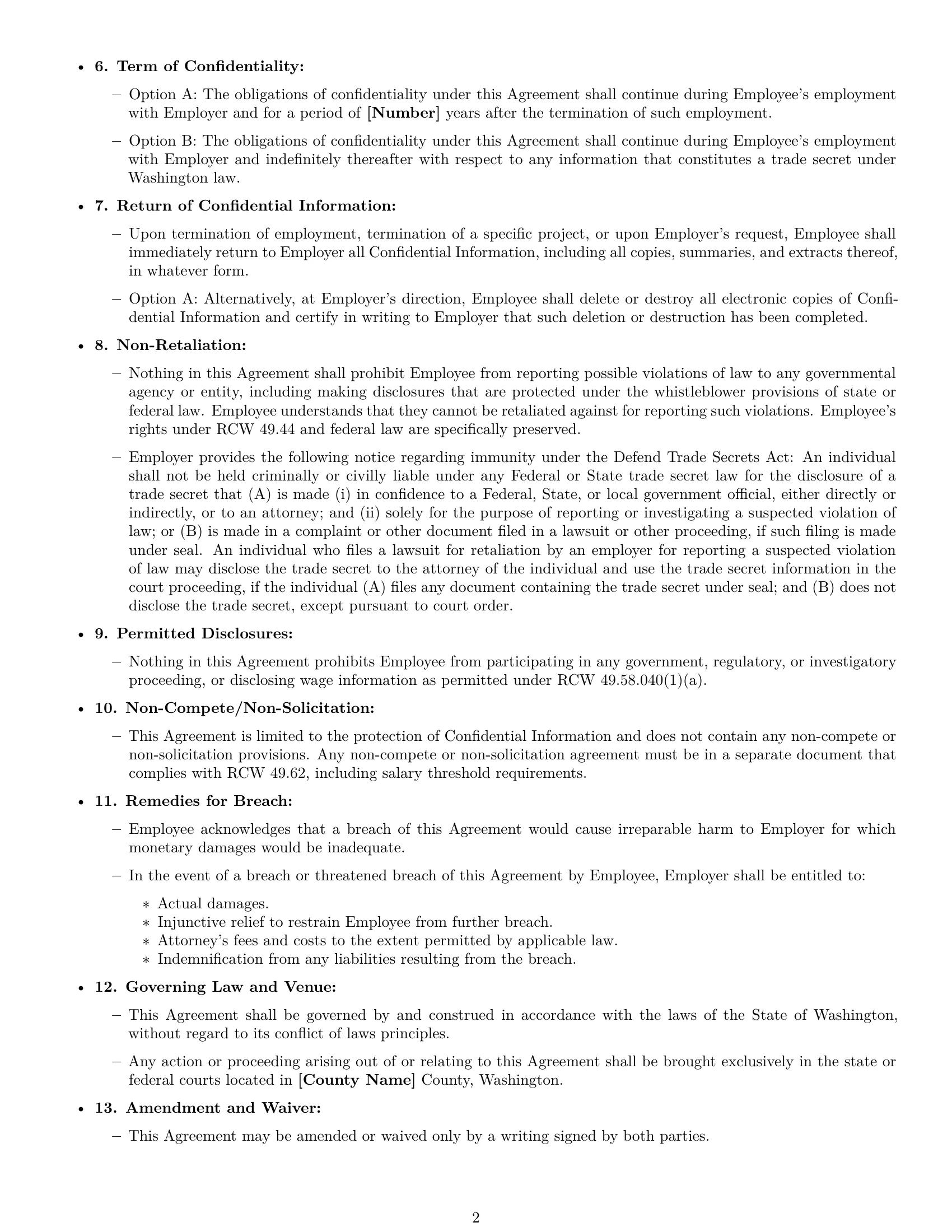 Preview page 2 of Free Washington employee nda template