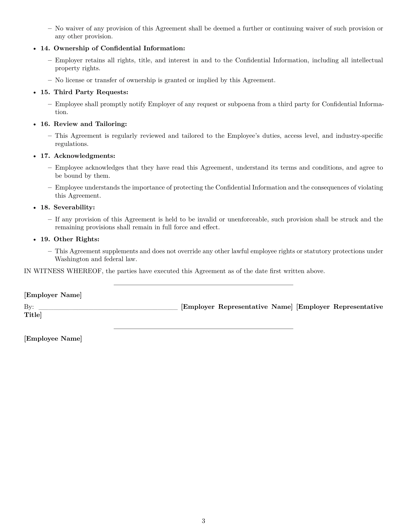 Preview page 3 of Free Washington employee nda template