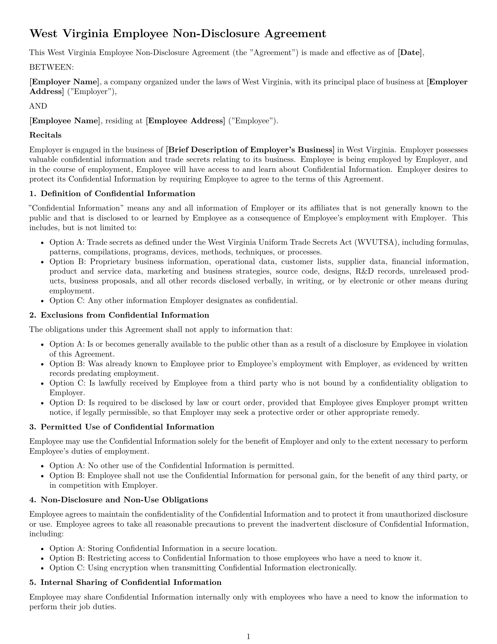 Preview page 1 of Free West Virginia employee nda template