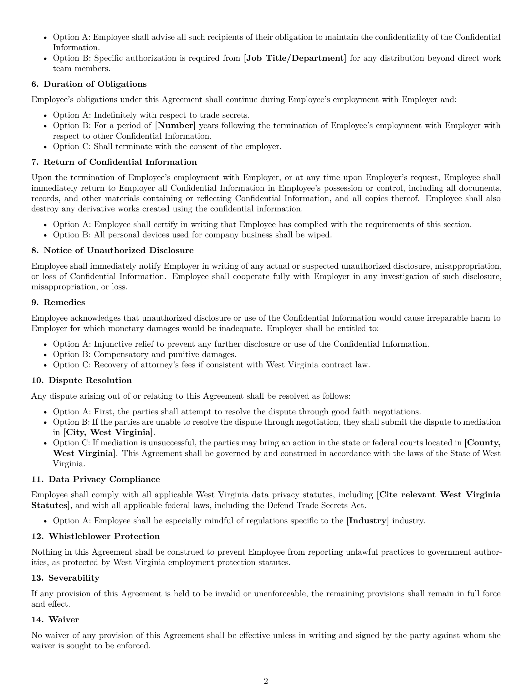 Preview page 2 of Free West Virginia employee nda template