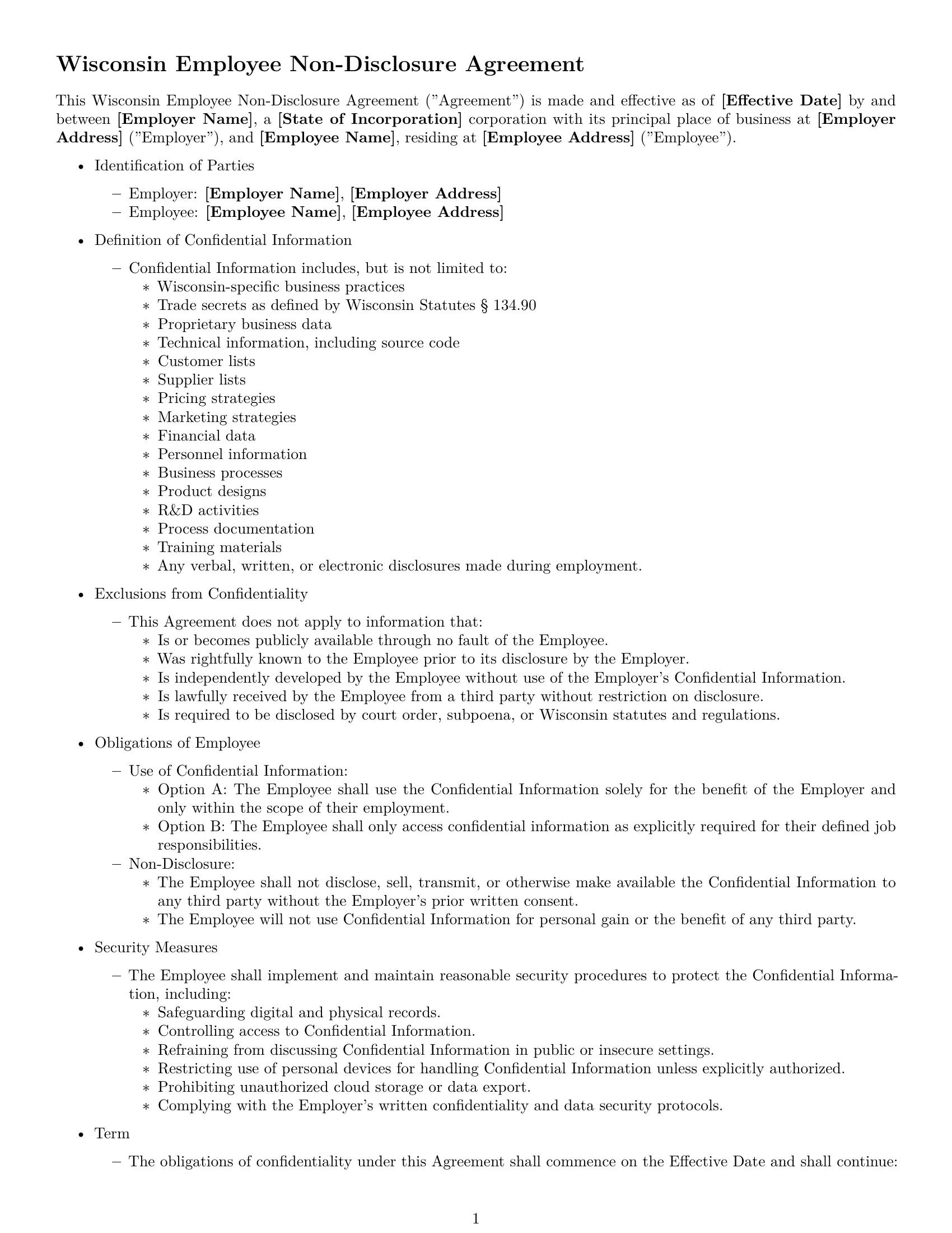 Preview page 1 of Free Wisconsin employee nda template