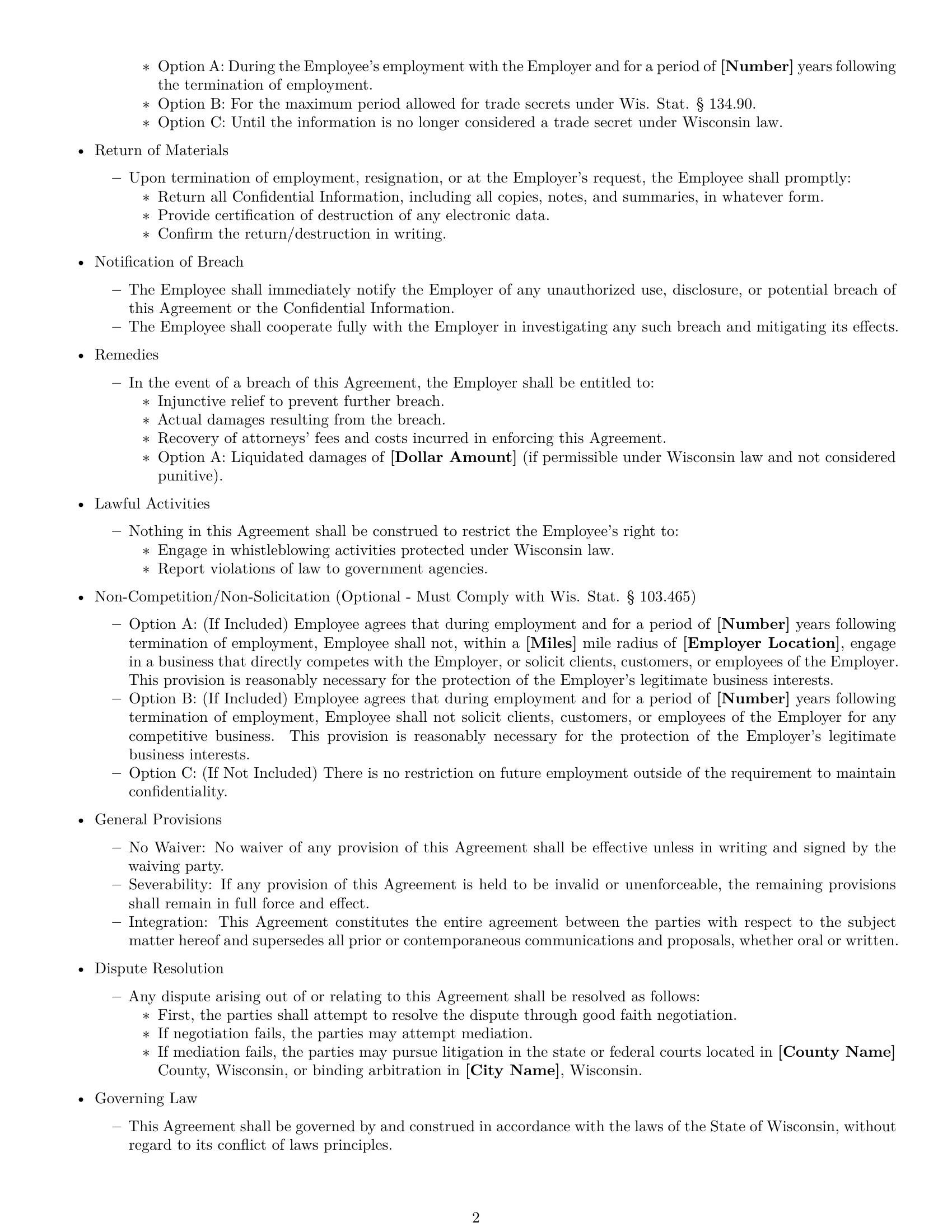 Preview page 2 of Free Wisconsin employee nda template