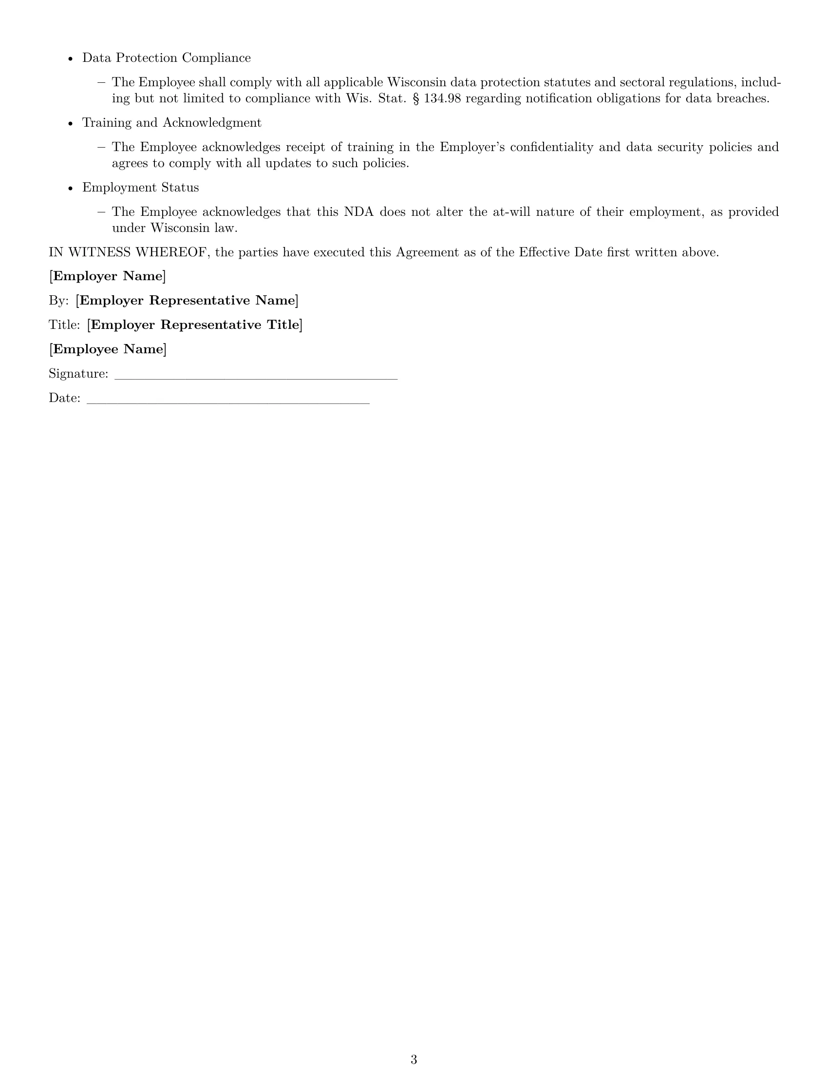 Preview page 3 of Free Wisconsin employee nda template