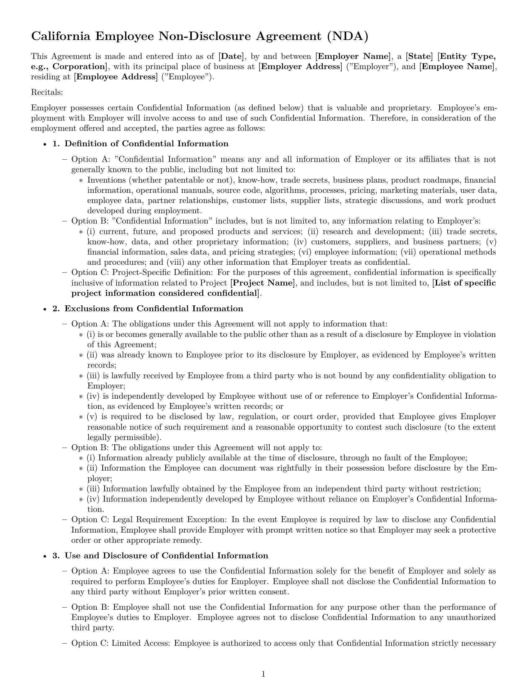 Preview page 1 of Free California employee nda template