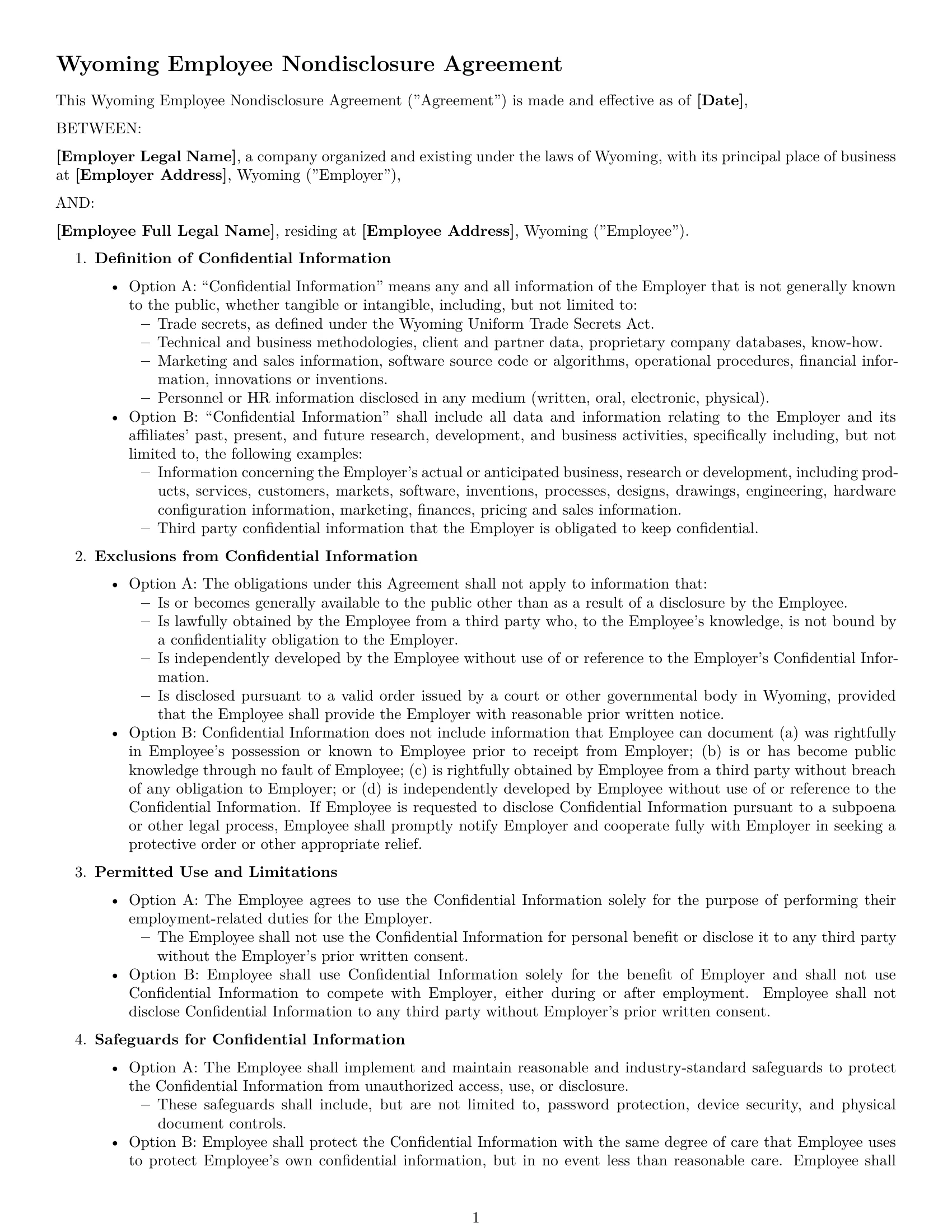 Preview page 1 of Free Wyoming employee nda template