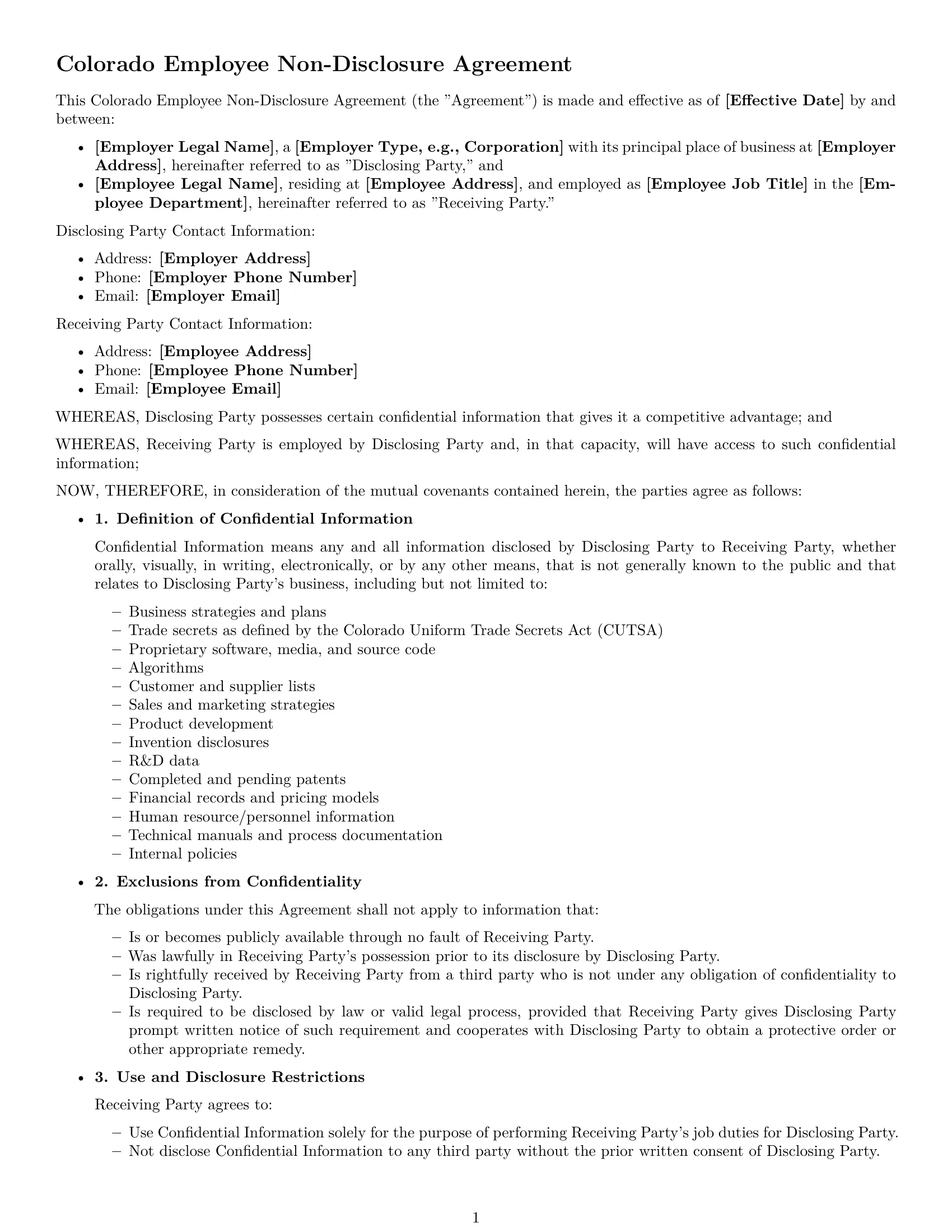 Preview page 1 of Free Colorado employee nda template