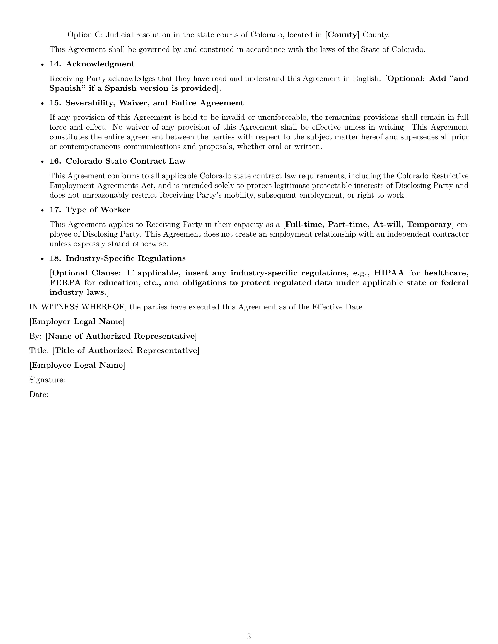 Preview page 3 of Free Colorado employee nda template