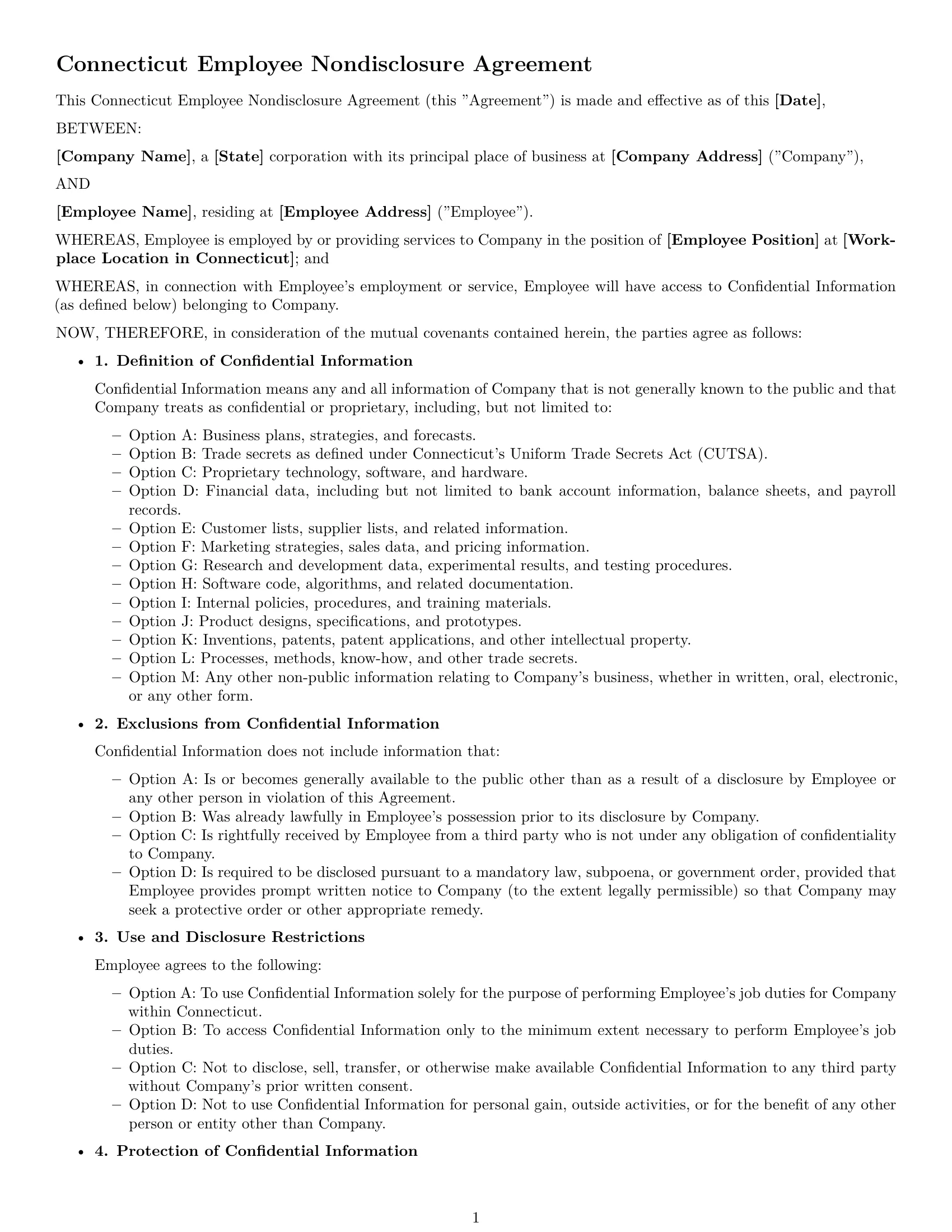 Preview page 1 of Free Connecticut employee nda template