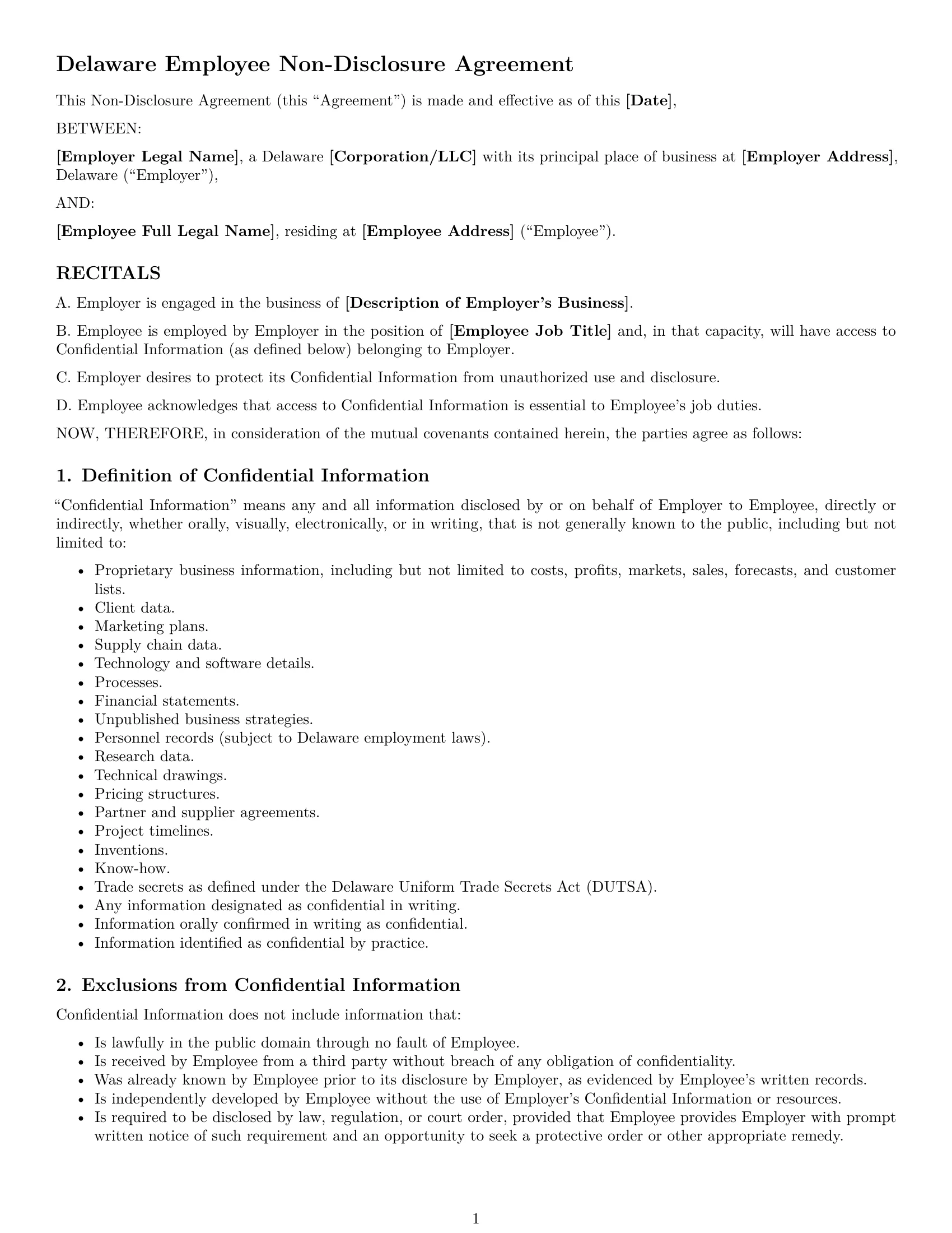 Preview page 1 of Free Delaware employee nda template