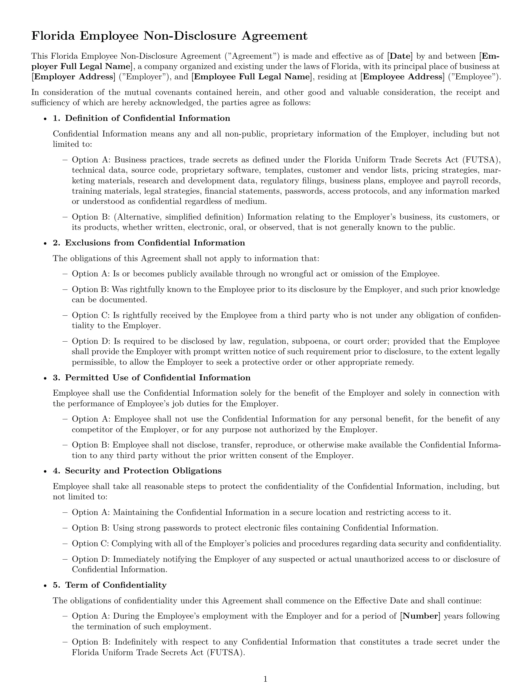 Preview page 1 of Free Florida employee nda template