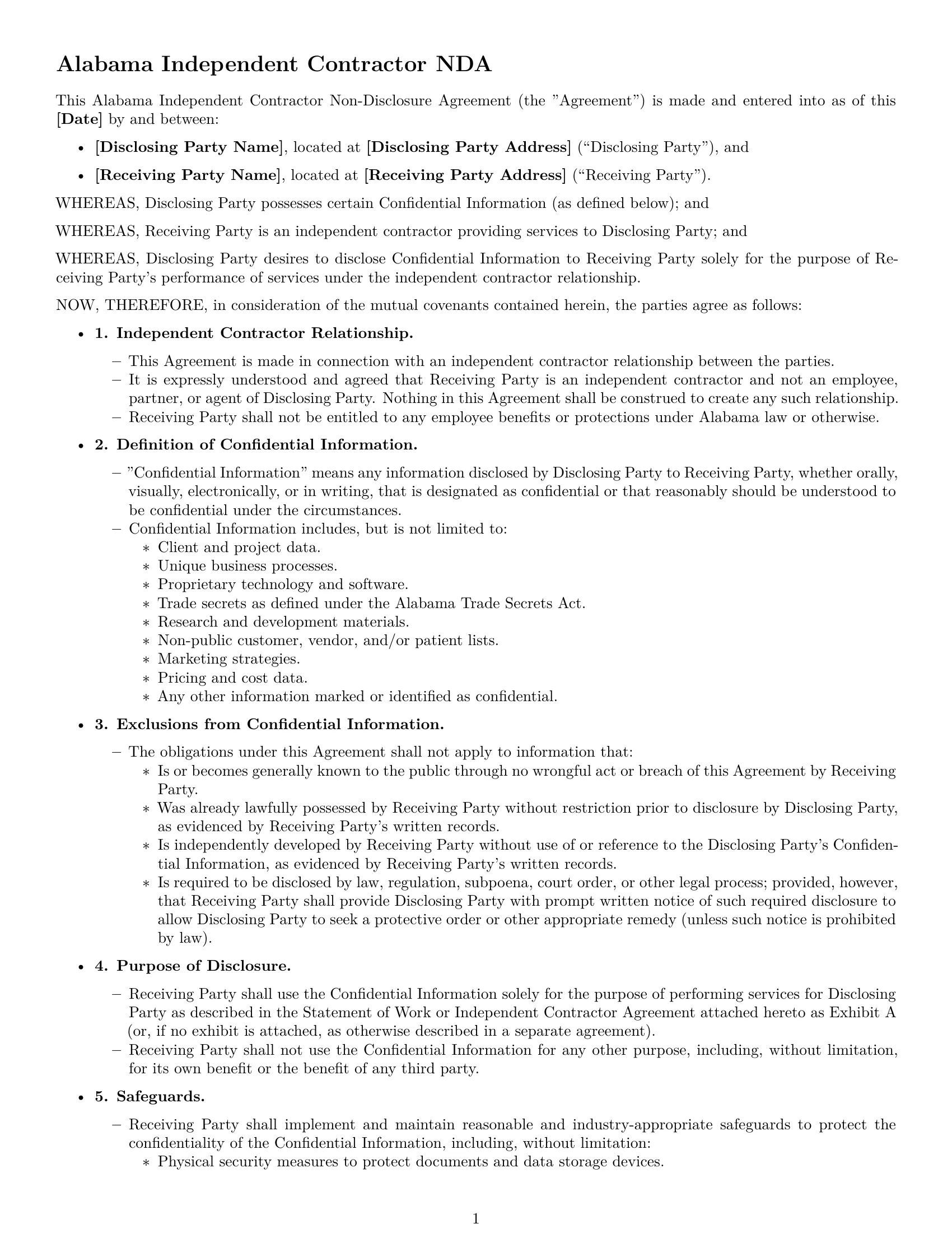 Preview page 1 of Free Alabama independent contractor nda template