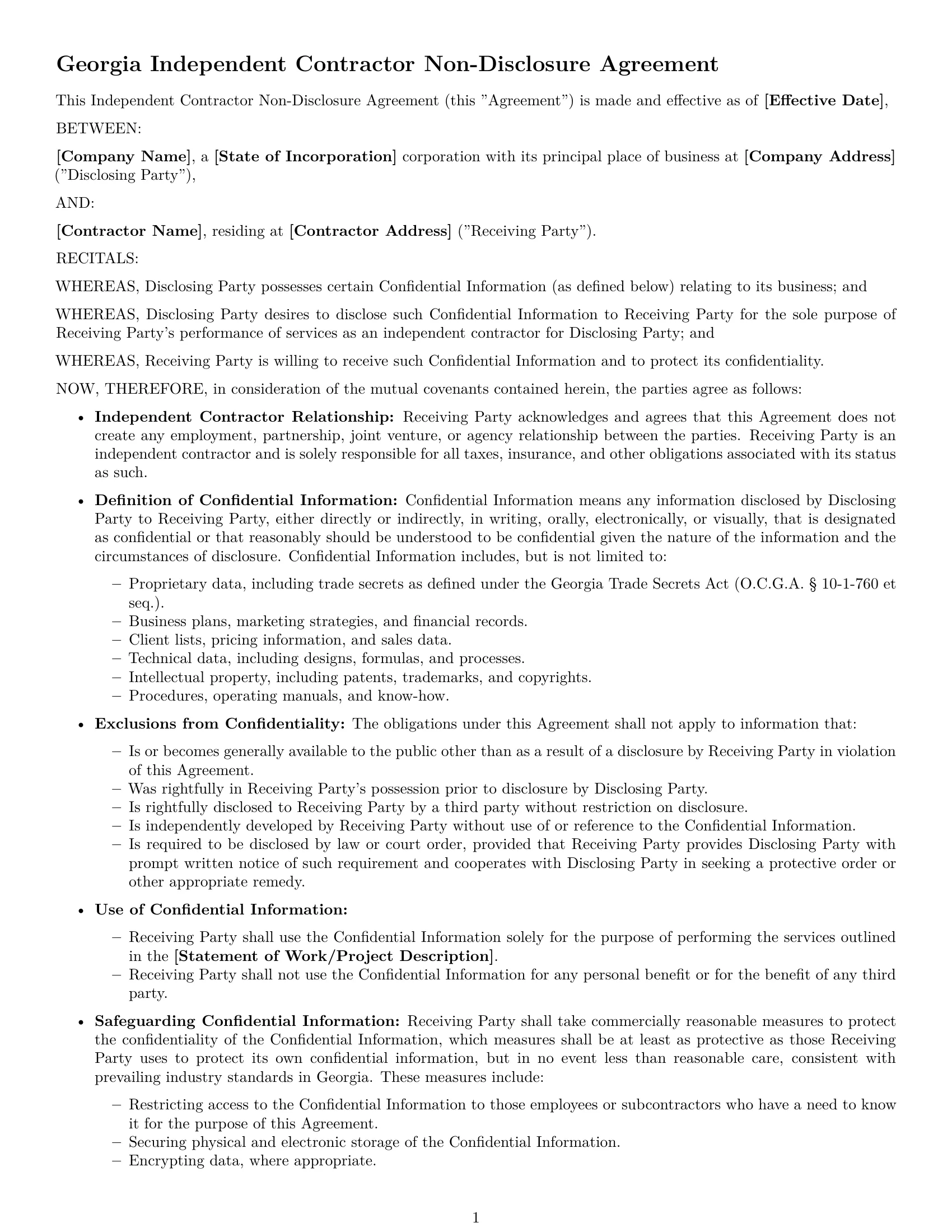 Preview page 1 of Free Georgia independent contractor nda template