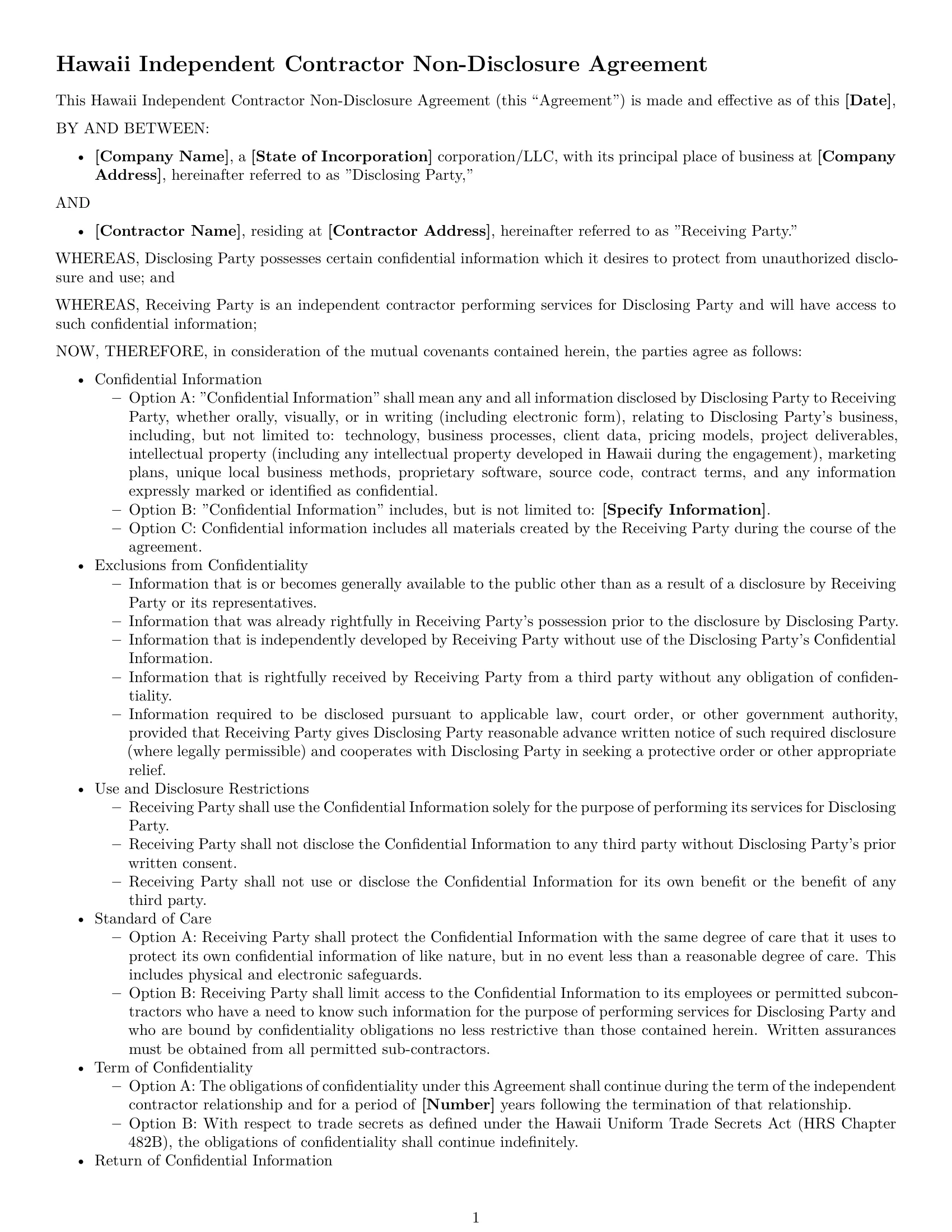 Preview page 1 of Free Hawaii independent contractor nda template