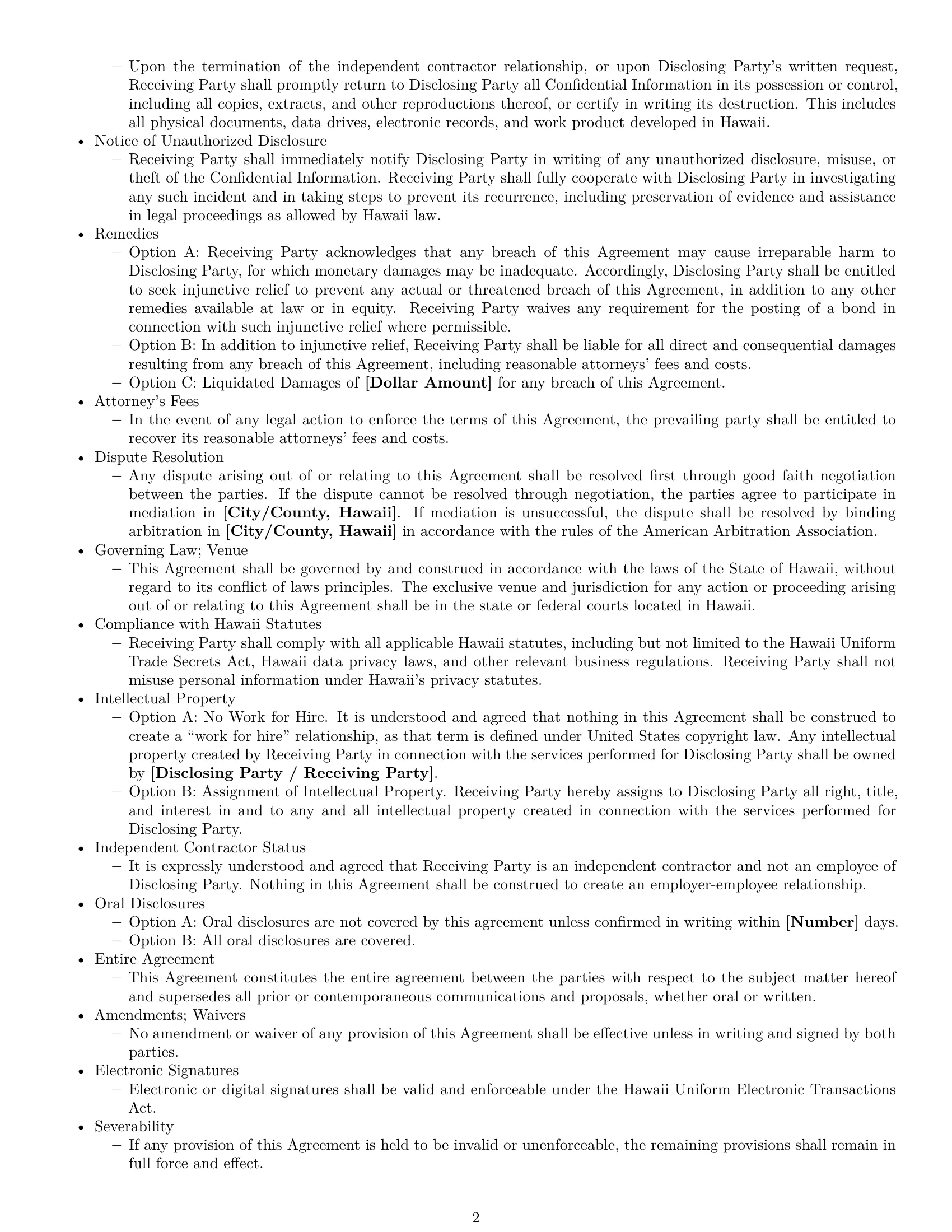 Preview page 2 of Free Hawaii independent contractor nda template